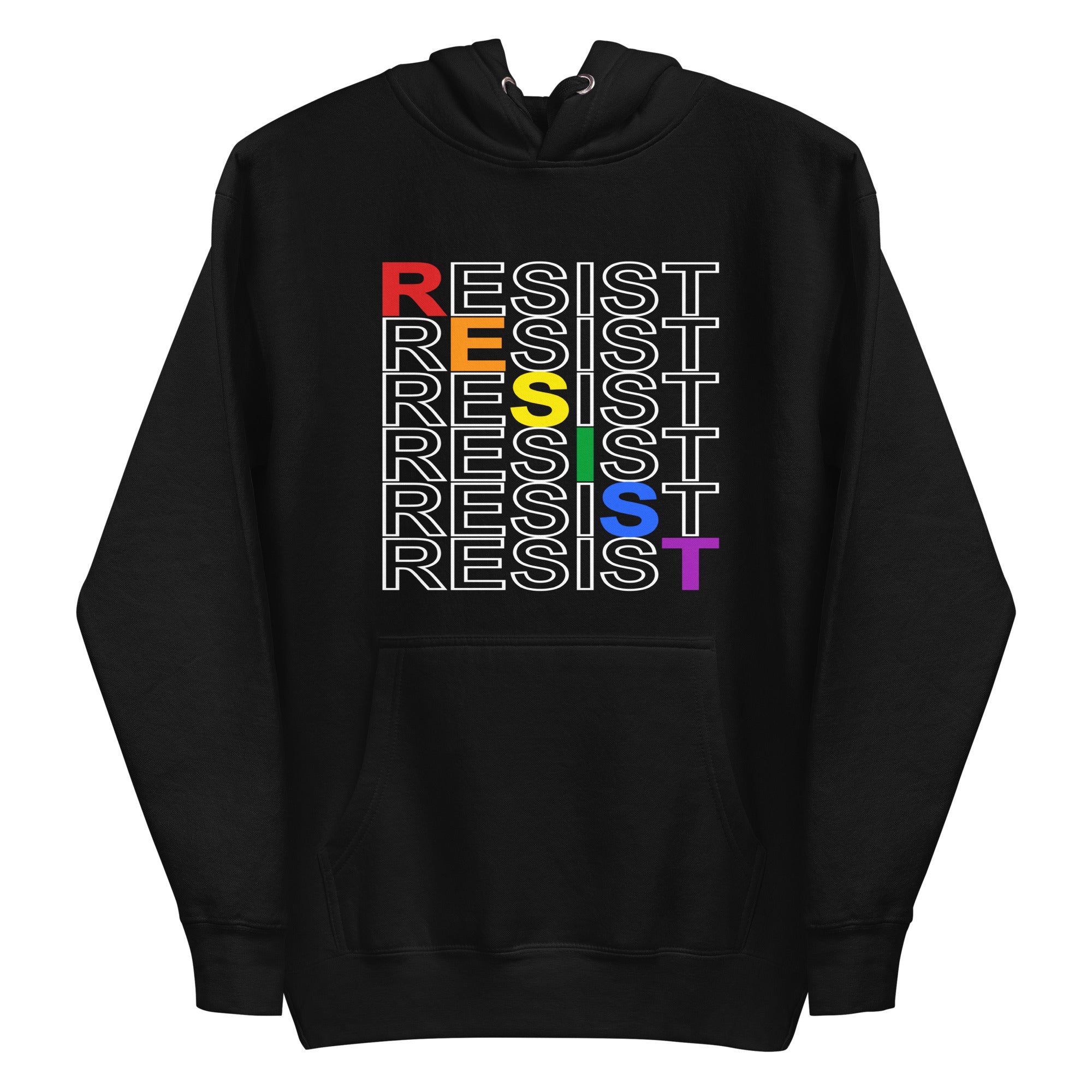 Pridelity's Resist Hoodie from the pride collection is black and showcases the word 