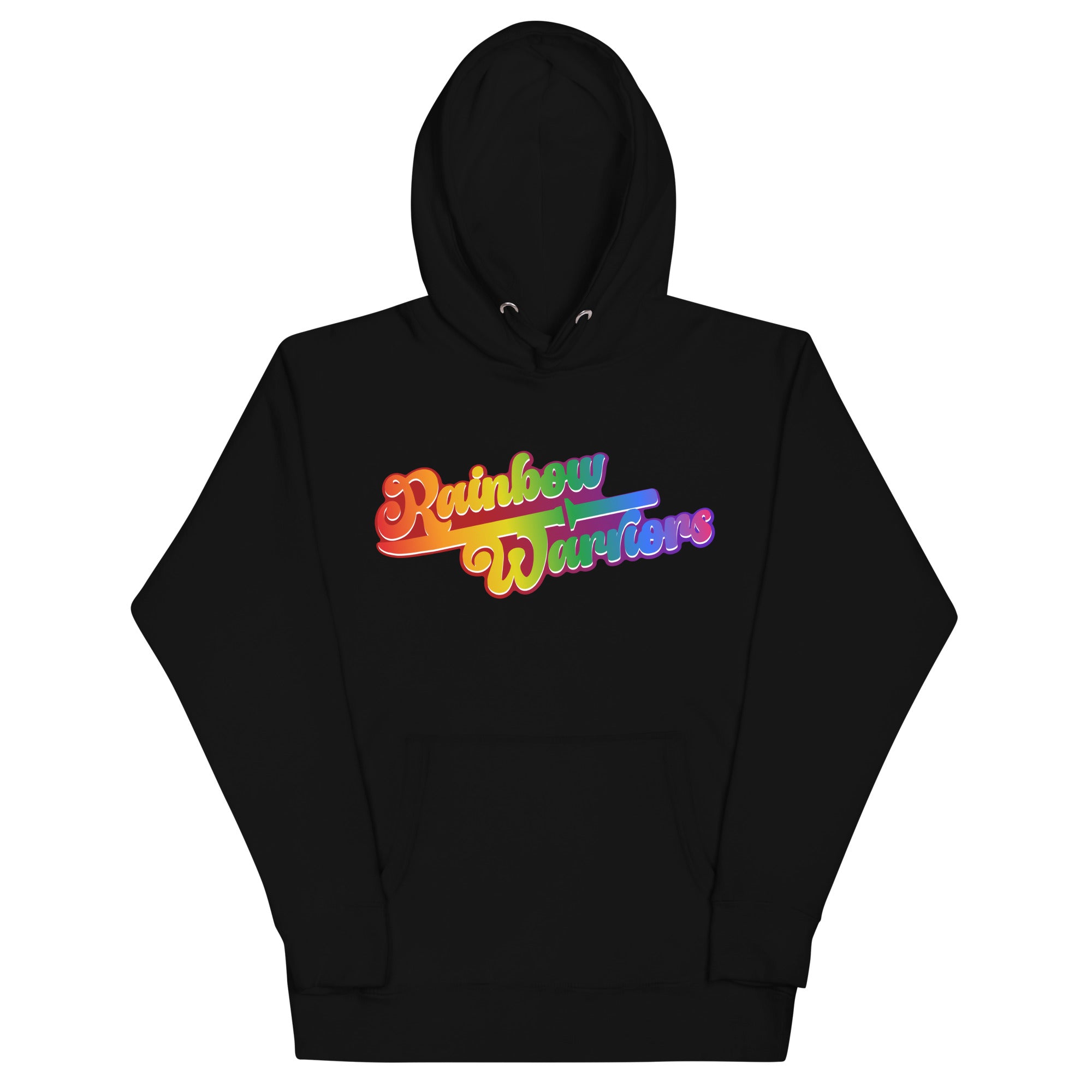 The Rainbow Warriors Hoodie from Pridelity is a white hoodie featuring the phrase 