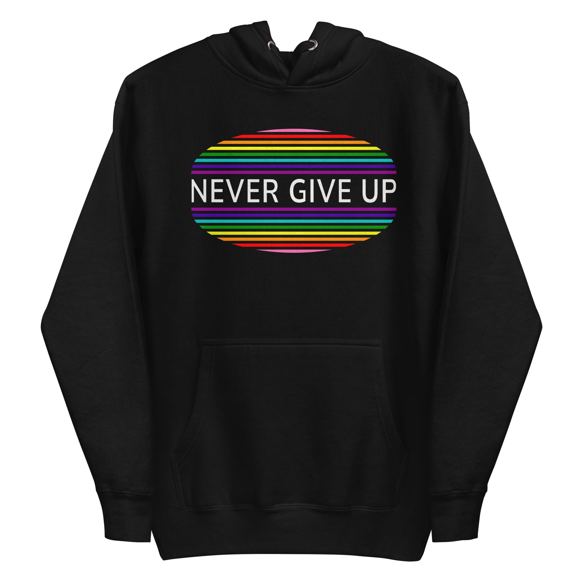 The Never Give Up Hoodie by Pridelity features a black design and showcases the inspiring message 