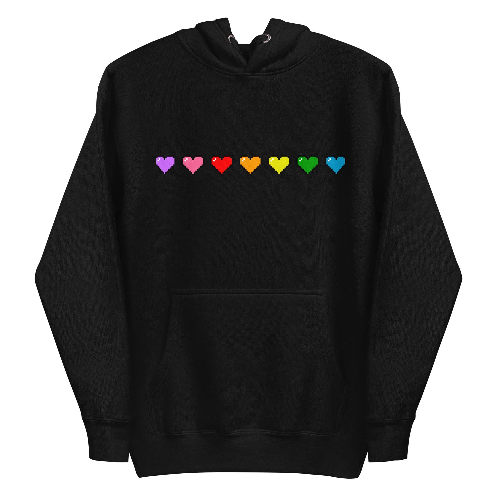 Introducing the Pixel Hearts Hoodie by Pridelity: This white hoodie showcases a row of pixelated hearts in vibrant rainbow colors—purple, pink, red, orange, yellow, green, and blue—across the chest, capturing the lively essence of pride shirts. It is designed with a convenient front pocket and a drawstring hood for added style and comfort.