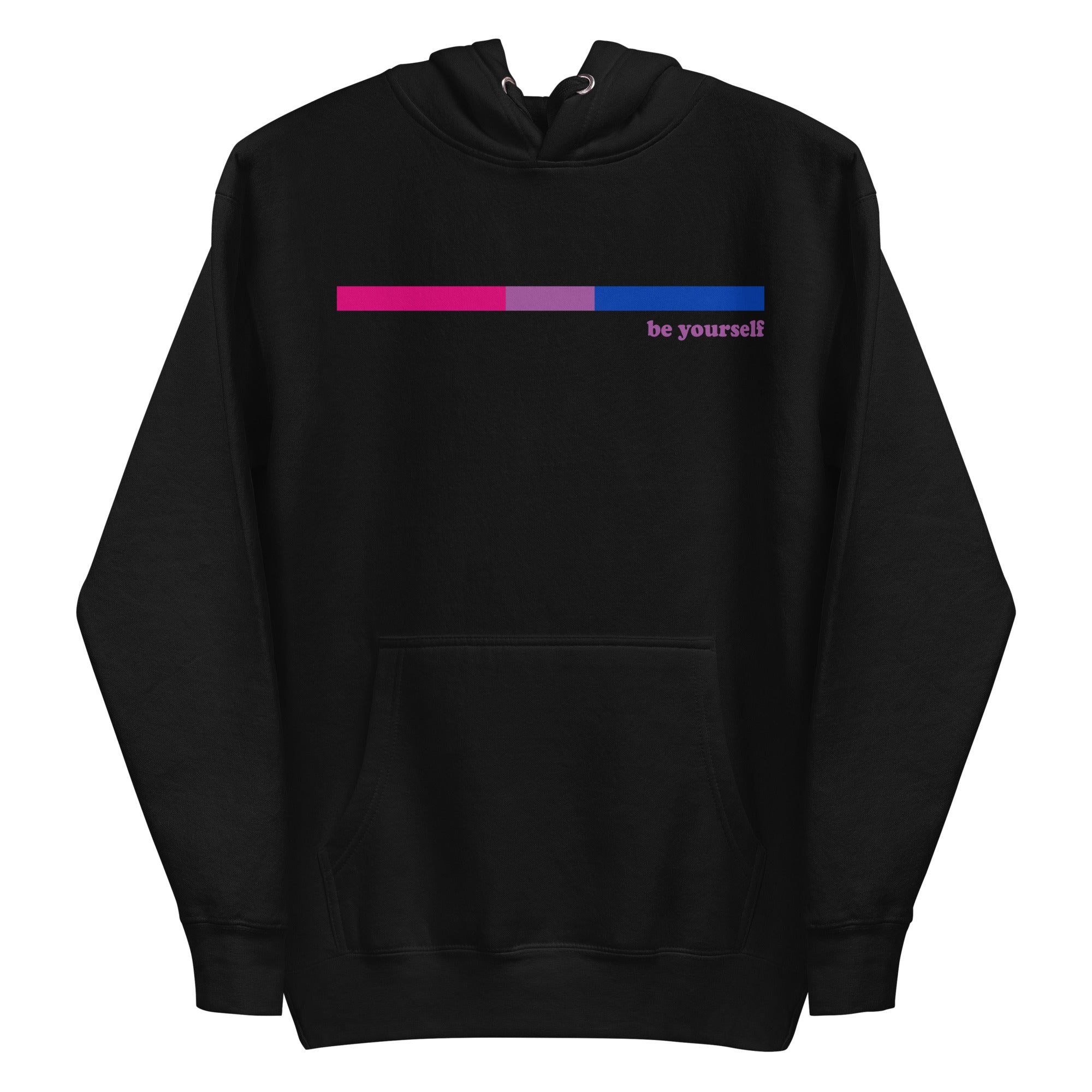 The Bisexual Hoodie by Pridelity features a minimalist design on a black background, showcasing a small horizontal bar in shades of pink, purple, and blue on the chest. Next to the bar, the subtle text 