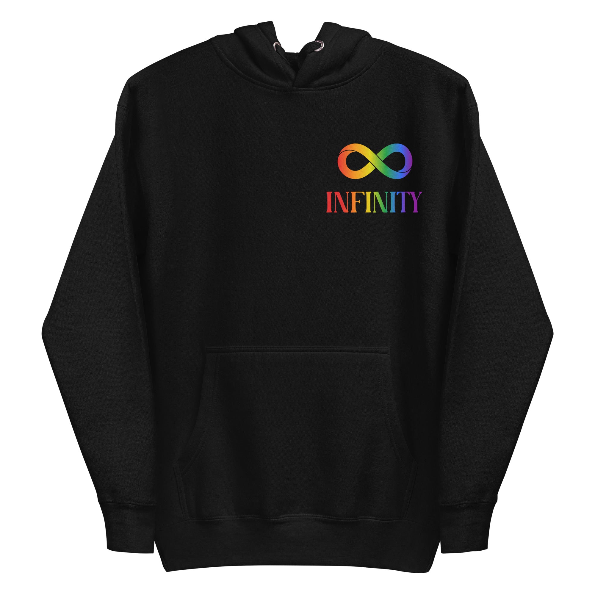 Introducing the Infinity Hoodie by Pridelity, a black hoodie adorned with a vibrant gradient rainbow infinity symbol and the word 