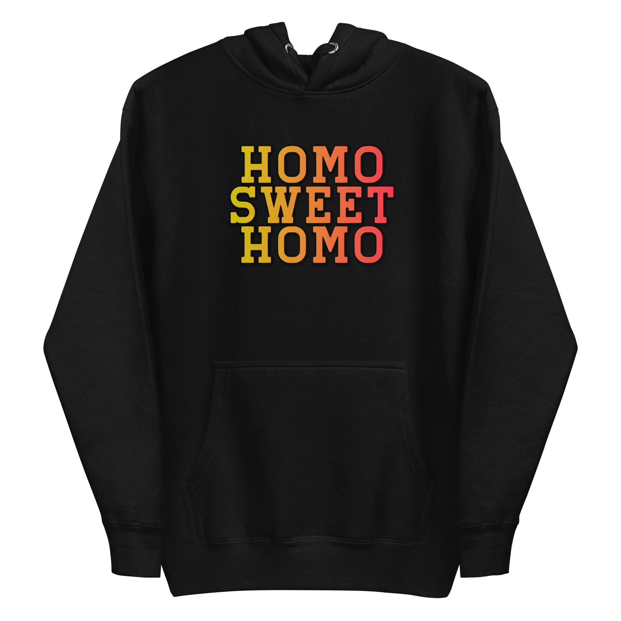 A carbon grey *Homo Sweet Homo* hoodie by Pridelity featuring bold, multicolored lettering on the front.