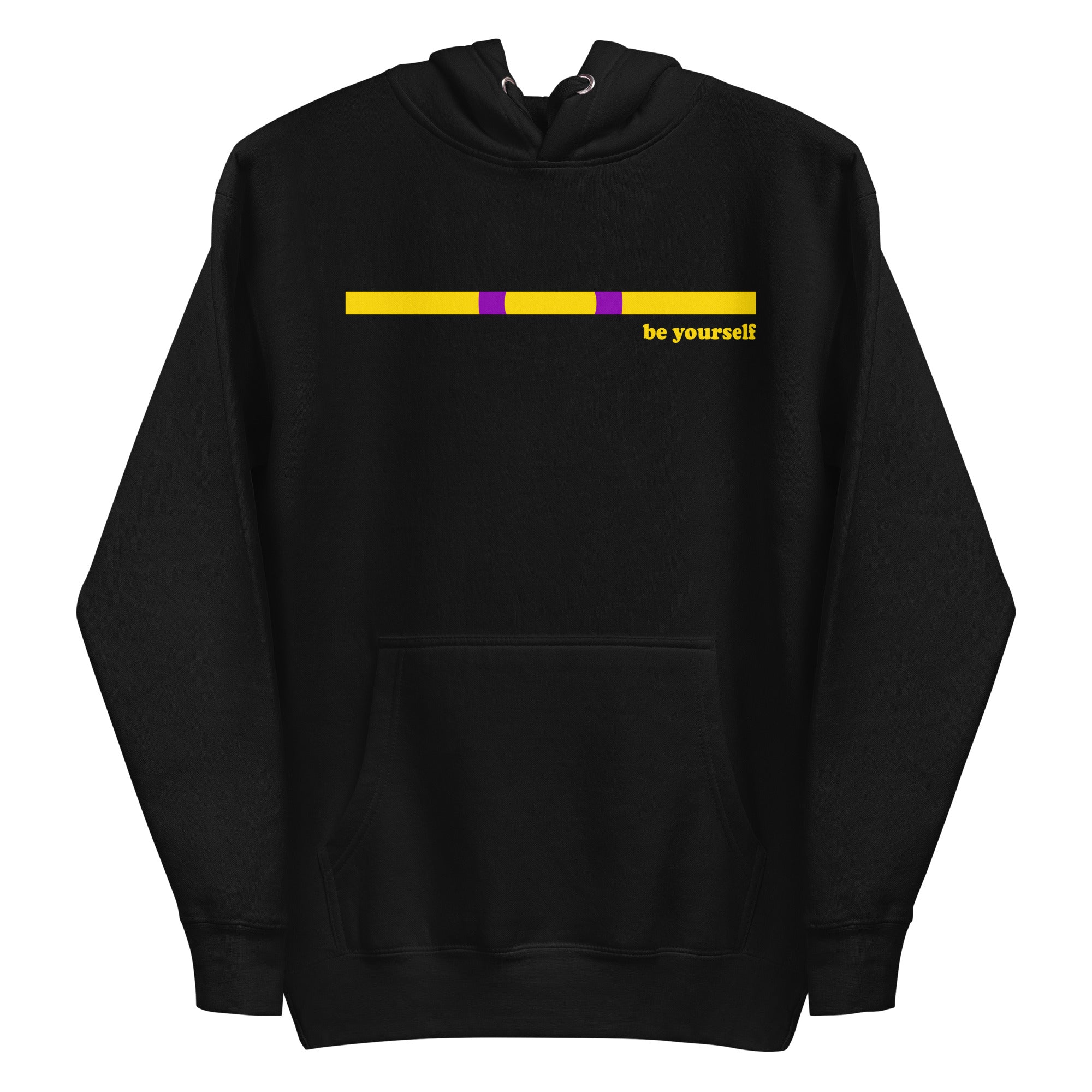 The Intersex Hoodie by Pridelity, in black, features a horizontal yellow and purple bar above the chest with 