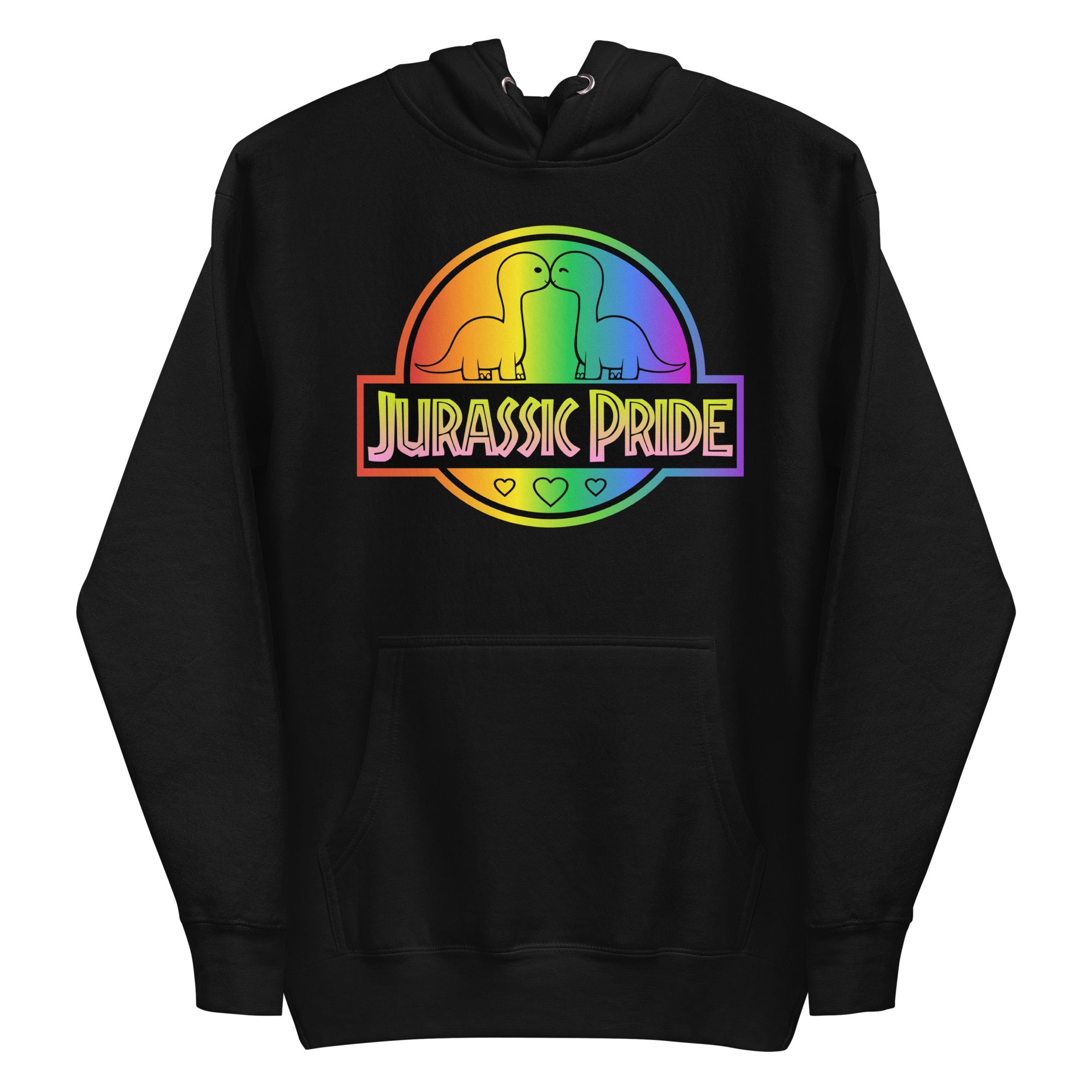 The Jurassic Pride Hoodie by Pridelity showcases a vibrant design featuring two cartoon dinosaurs facing each other inside a rainbow circle. The bold 