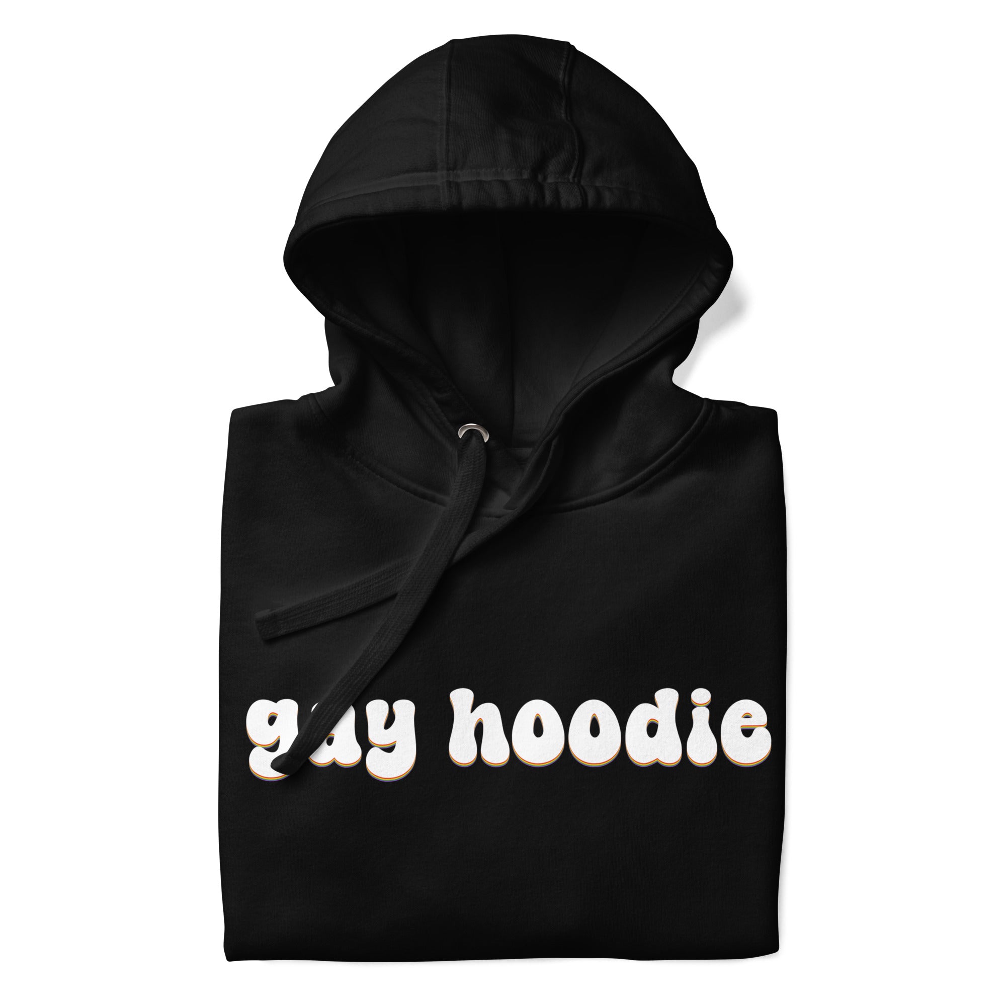 Introducing the Gay Hoodie by Pridelity: A black pride hoodie featuring cream-colored text with the phrase 