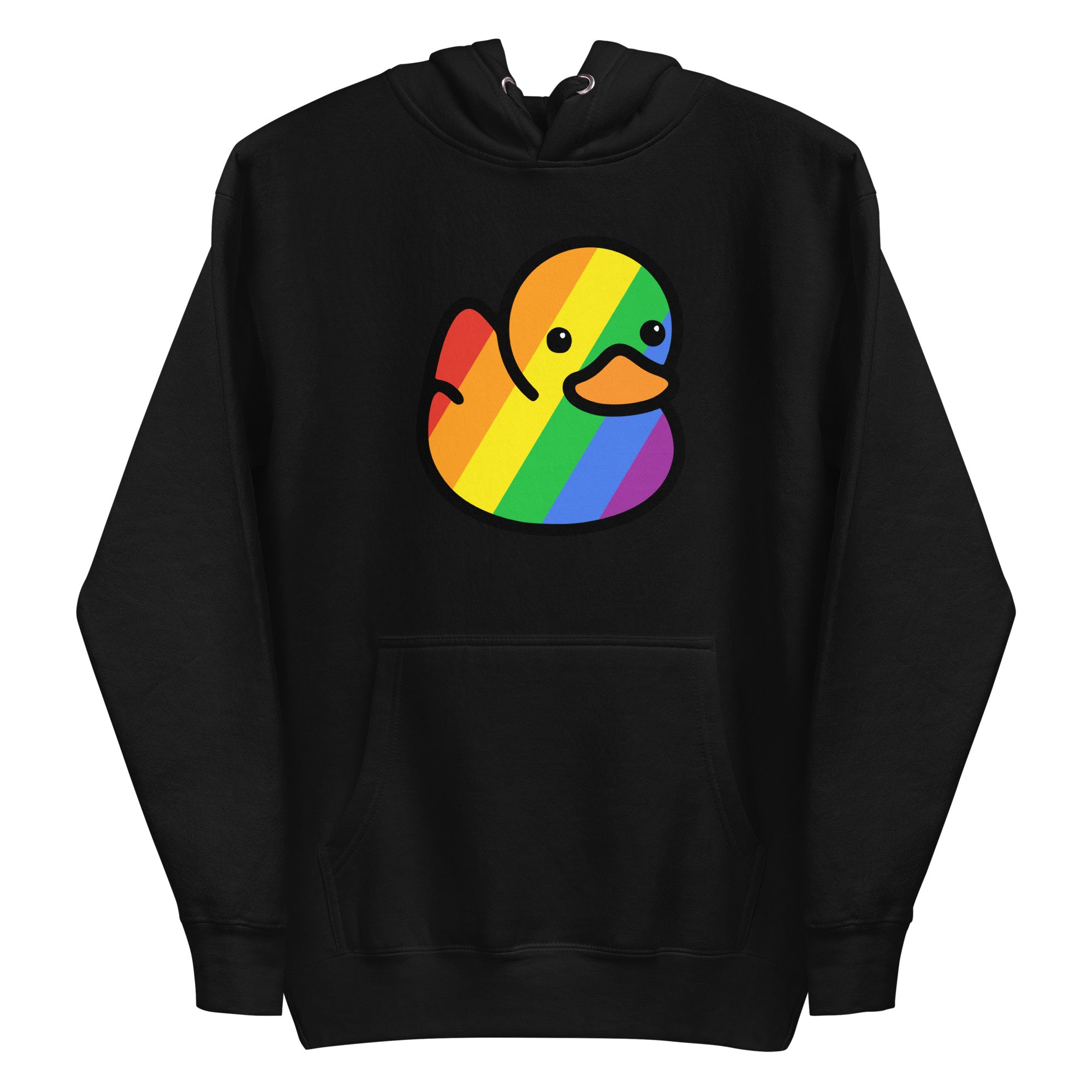 The Pride Duck Hoodie by Pridelity beautifully captures the essence of pride with a cartoon duck adorned in a vibrant rainbow pattern. The simple and cute expression of the duck adds an extra touch of charm, while the white hoodie offers both comfort and style with its drawstring hood and front pocket, making it an ideal piece for your pride shirts collection.