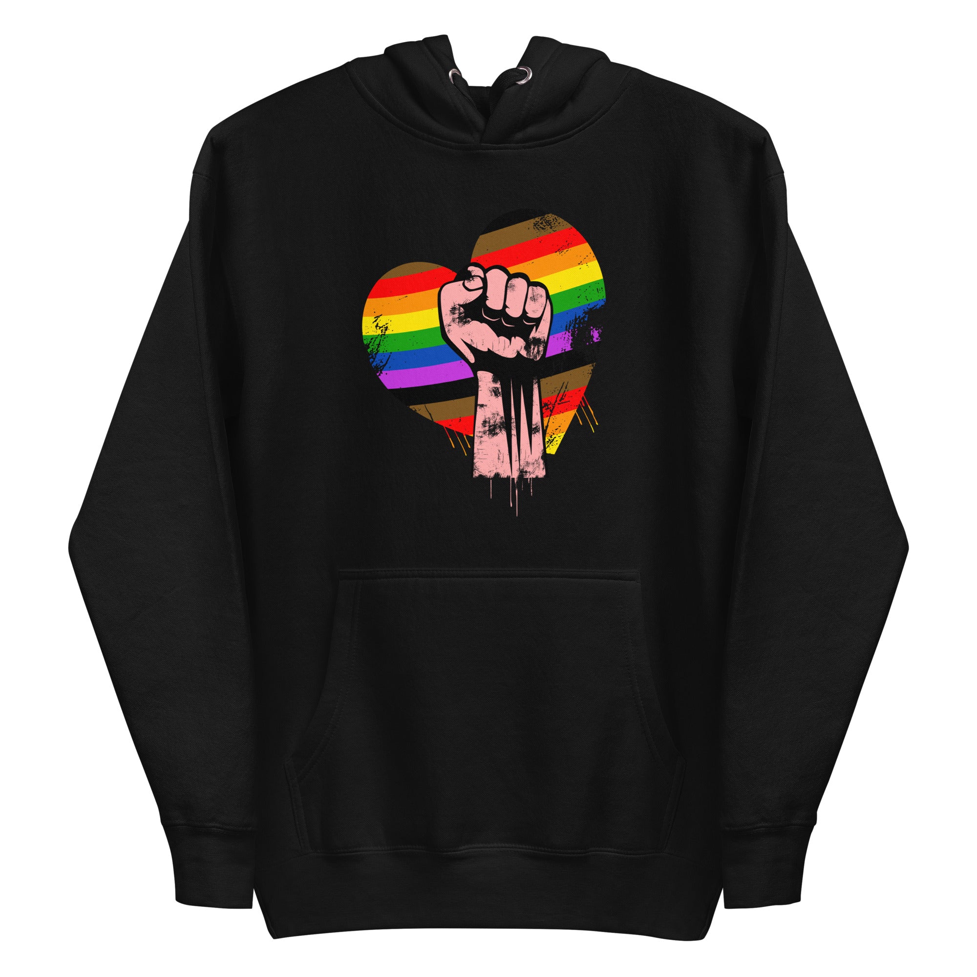 The Pridelity Fist Up Hoodie features a striking design of a raised fist within a heart filled with rainbow hues, beautifully blending empowerment and LGBTQ+ pride. This design stands out on its crisp white fabric.