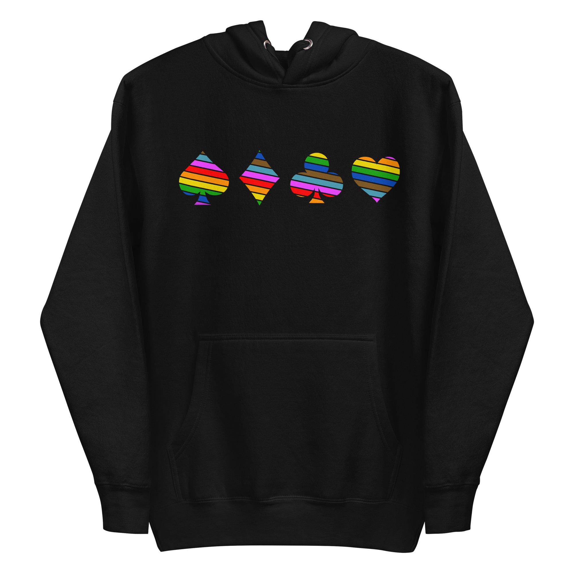 The Deck of Pride Hoodie by Pridelity, in a crisp white shade, showcases four playing card suit symbols: spade, diamond, club, and heart. Each symbol is embellished with vivid horizontal stripes. When laid flat with the hood up, it becomes a lively addition to your Pride merchandise collection.