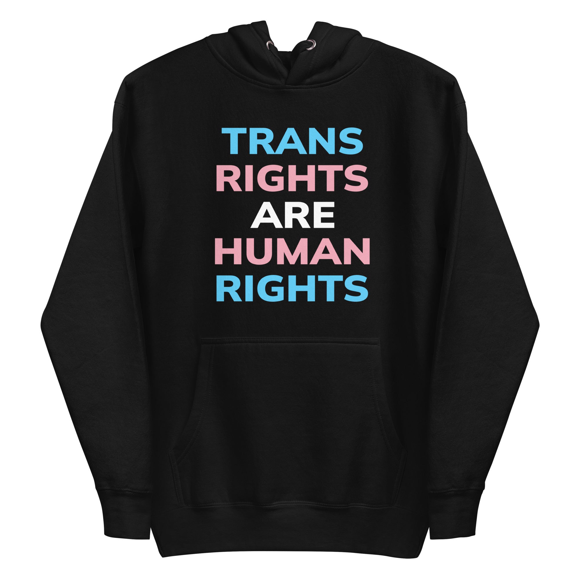 Introducing the Trans Rights Hoodie from Pridelity's pride collection—this navy blazer hoodie prominently showcases the phrase 