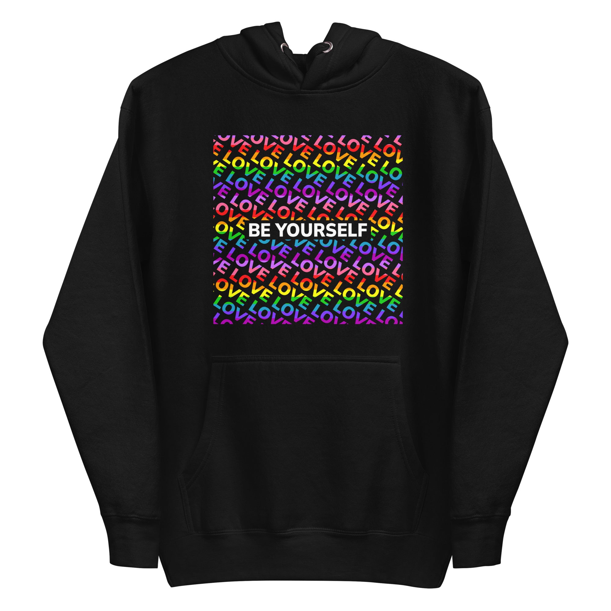 Introducing the Be Yourself Hoodie by Pridelity: a black hoodie adorned with a vibrant square pattern and the uplifting message 