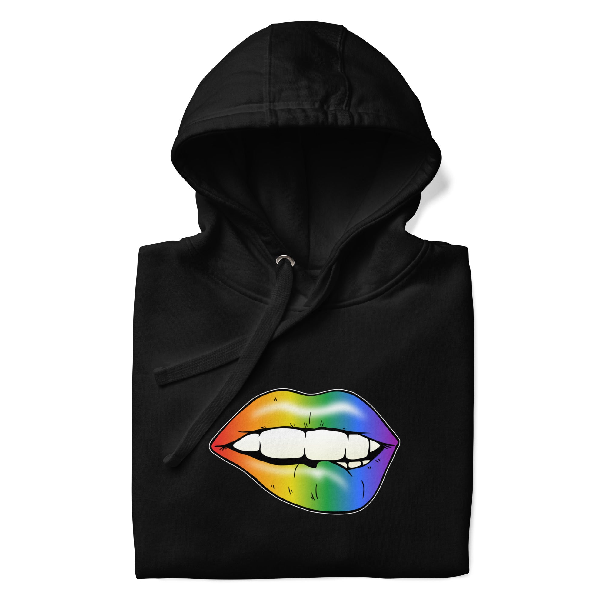 The Flirty Lips Hoodie from Pridelity is a black pride sweatshirt that showcases a design of lips playfully biting the lower lip, adorned with a striking rainbow gradient.