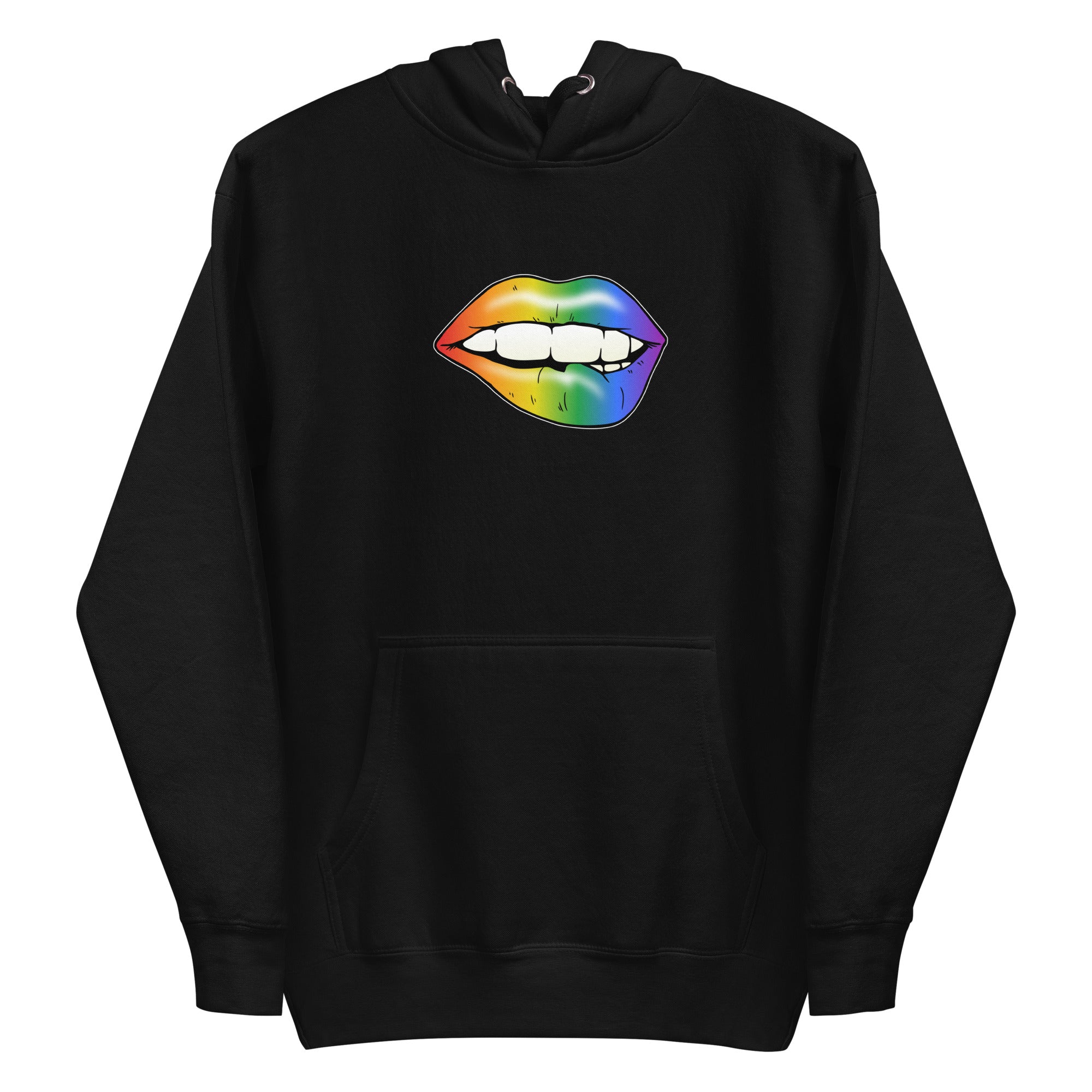 The Flirty Lips Hoodie from Pridelity is a black pride sweatshirt that showcases a design of lips playfully biting the lower lip, adorned with a striking rainbow gradient.