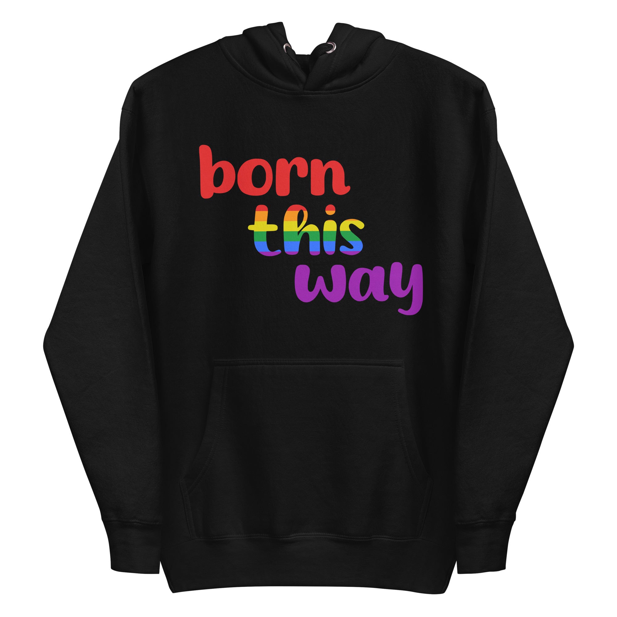 The Born This Way Hoodie by Pridelity is a standout piece in our Pride Merch. It features bold lettering on the front, with 