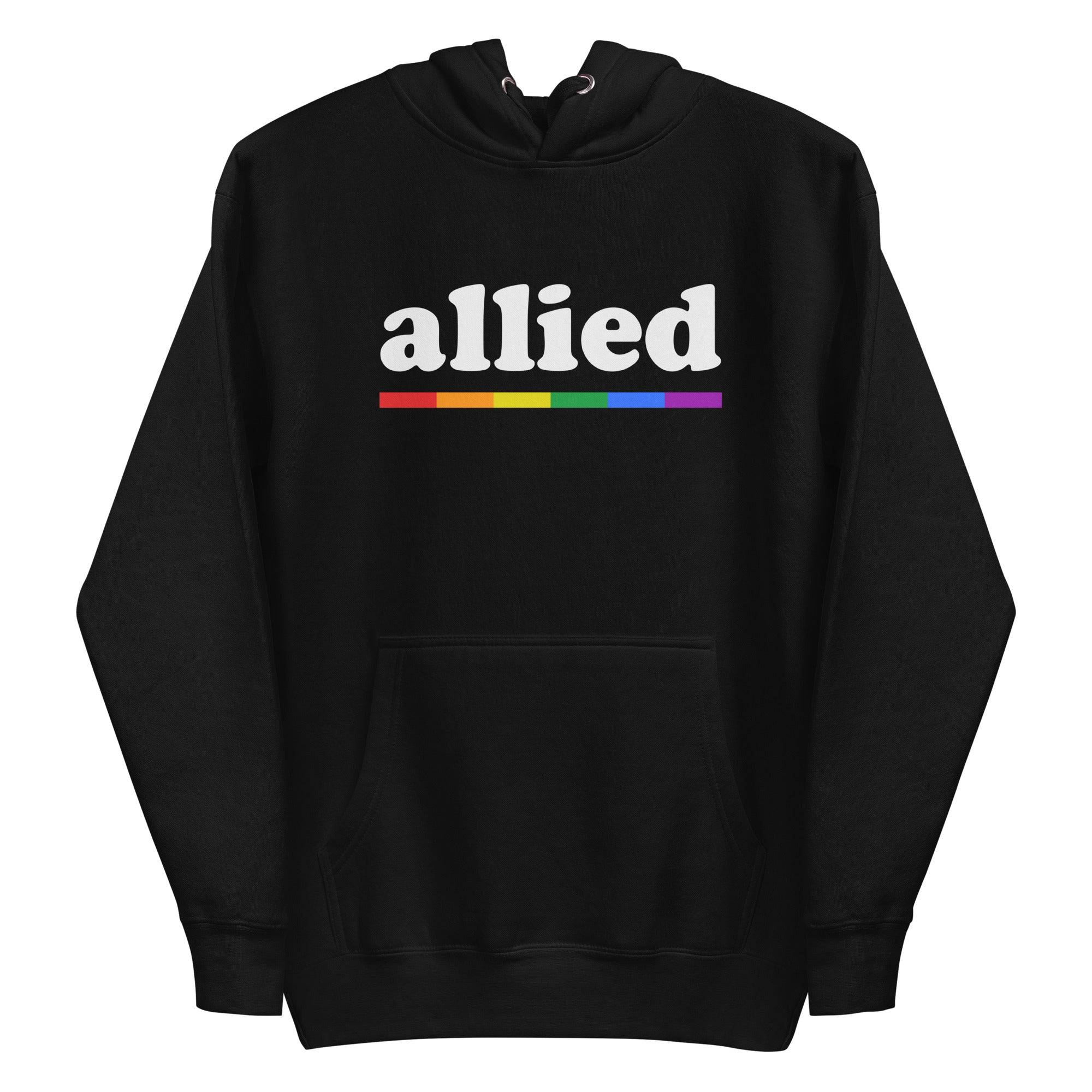 Introducing the Allied Hoodie by Pridelity: a black hoodie that showcases the word 