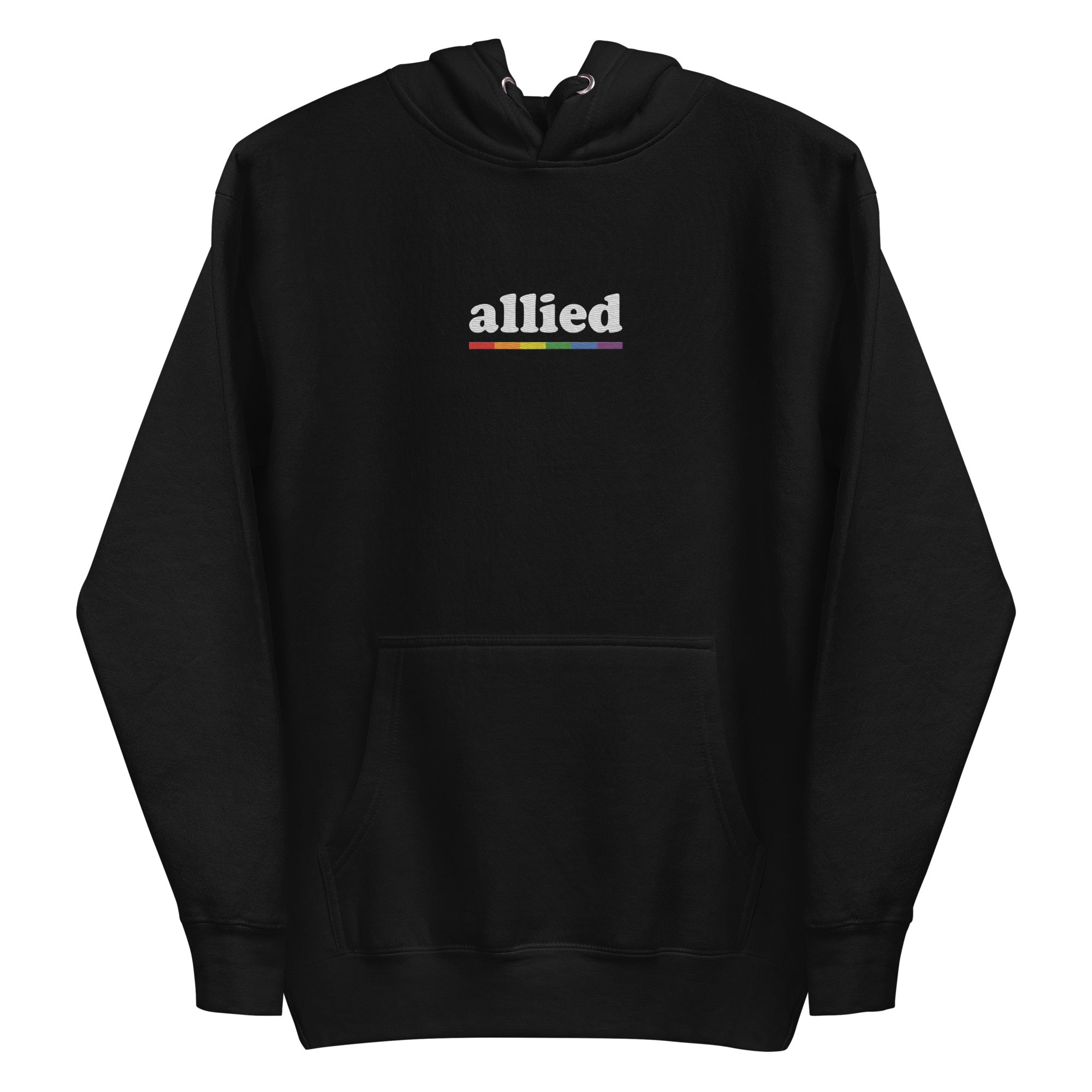 The Allied Hoodie by Pridelity is a black hoodie adorned with the word 