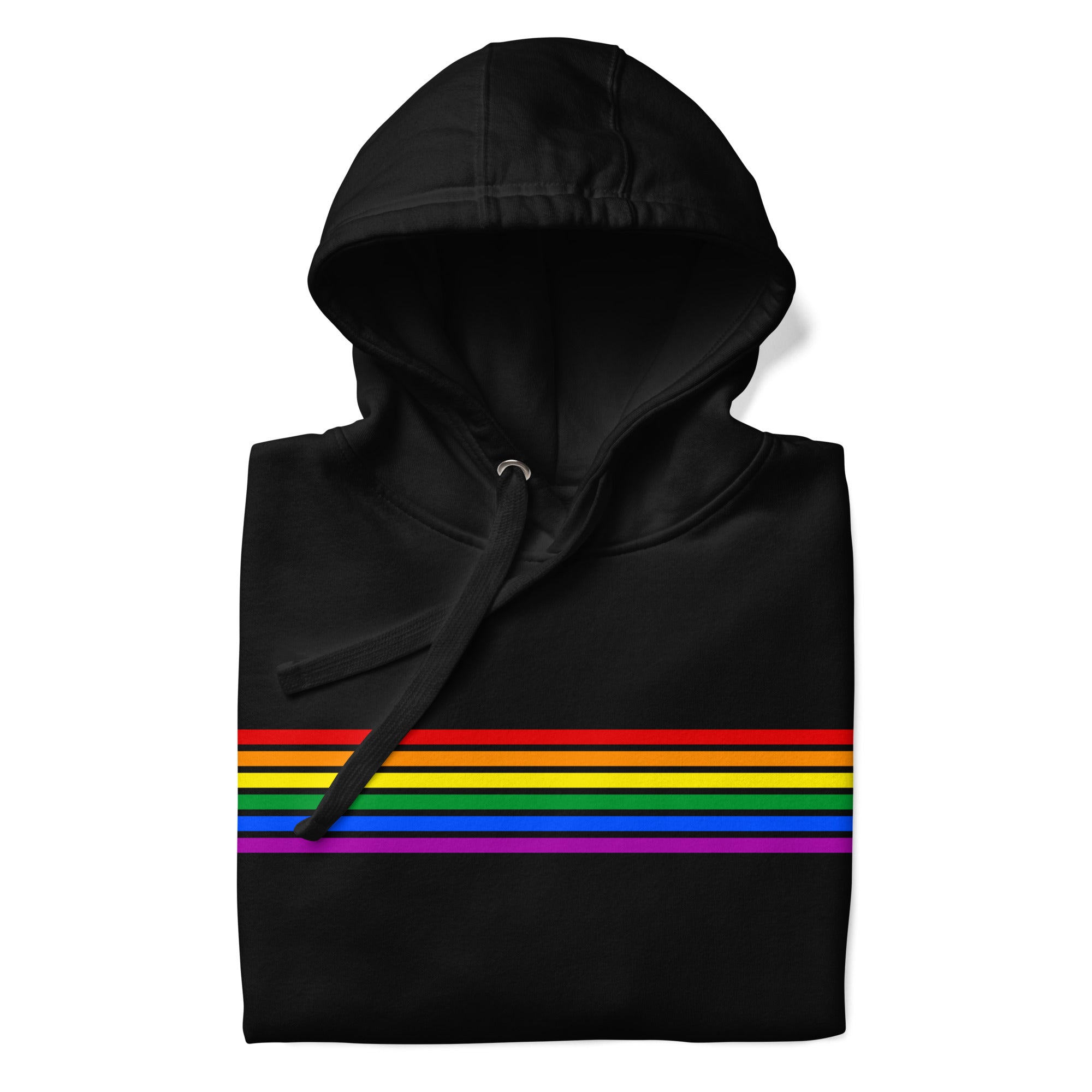 Presenting the Rainbow Stripes Hoodie from Pridelity: This black hoodie boasts a striking horizontal rainbow stripe across the chest, highlighting vibrant hues such as red, orange, yellow, green, blue, and purple. Created to honor the LGBTQ+ community, it also features a front pocket and adjustable drawstrings for comfort and style.