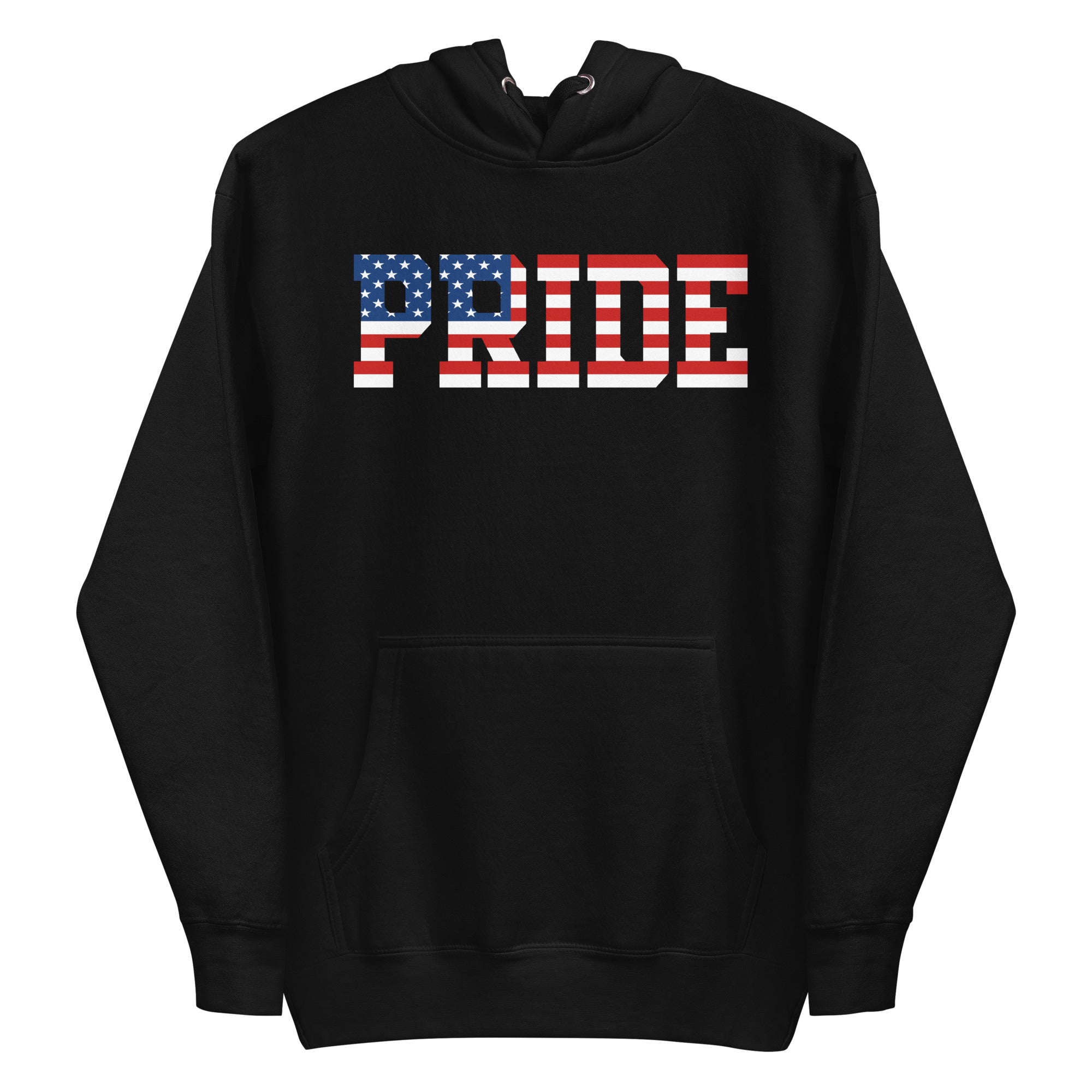 The American Pride Hoodie by Pridelity is a black sweatshirt that prominently displays 