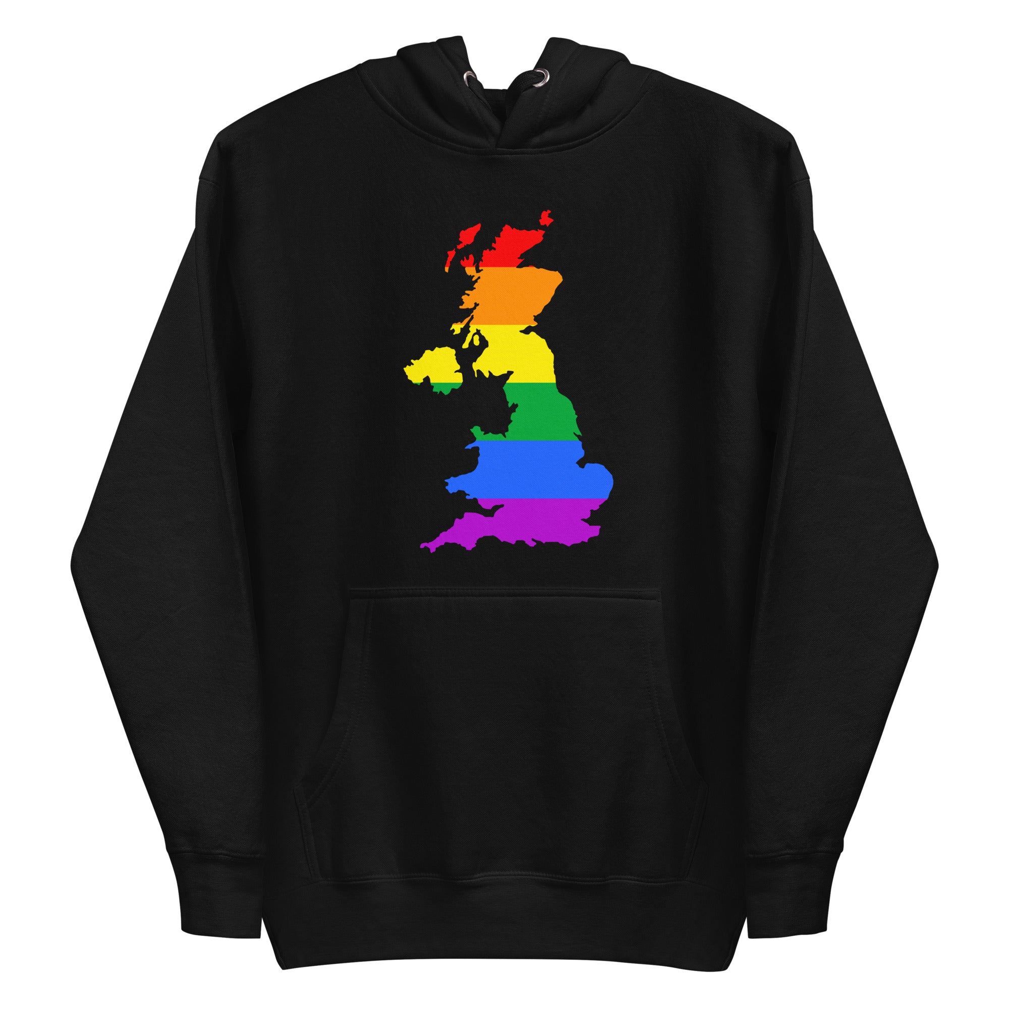 Introducing the British Isles Pride Hoodie by Pridelity, this sky blue hoodie features a vibrant depiction of Great Britain in rainbow colors, reflecting the LGBTQ+ pride flag. The eye-catching design is prominently displayed on the chest, making it an essential piece for any Pride Collection.