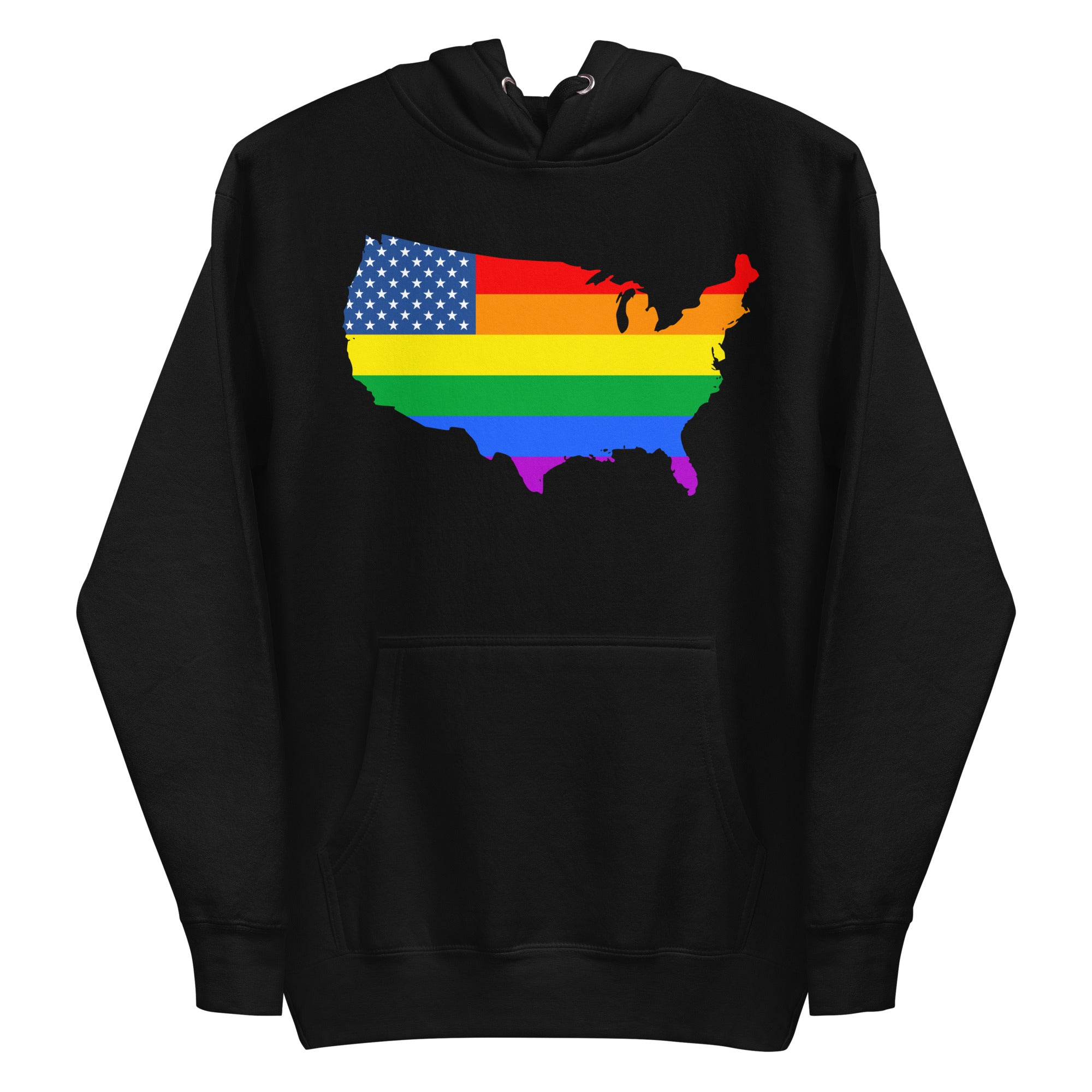 The US Map Pride Hoodie by Pridelity, in a sky blue color, showcases the United States map adorned with an American flag design that transitions into rainbow stripes, representing LGBTQ+ pride.