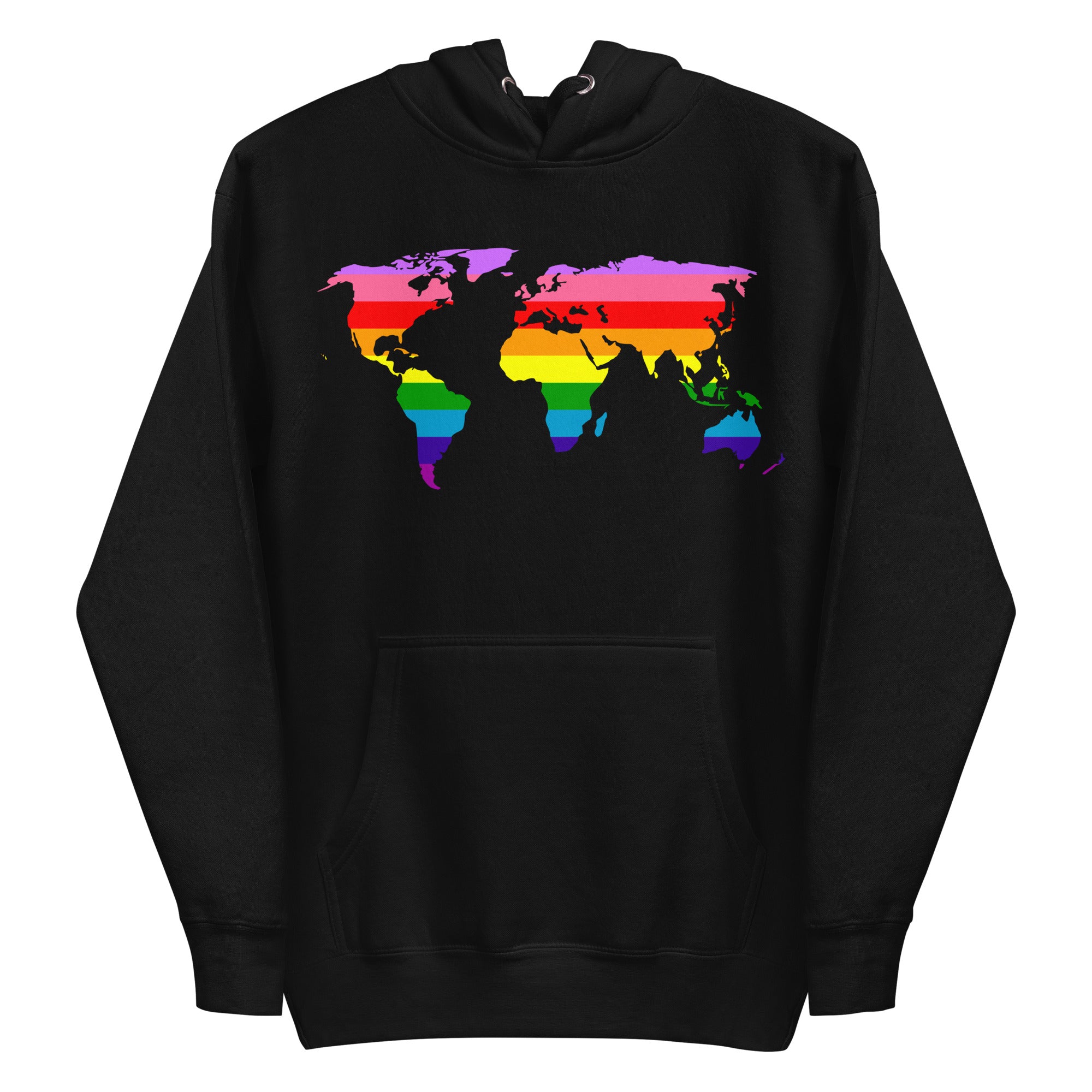 Introducing the World Pride Hoodie from Pridelity. This sky blue hoodie showcases a vibrant world map with continents in the colors of the LGBTQ+ pride flag, prominently displayed on the front. Designed for comfort, it also features a convenient front pocket and drawstrings.