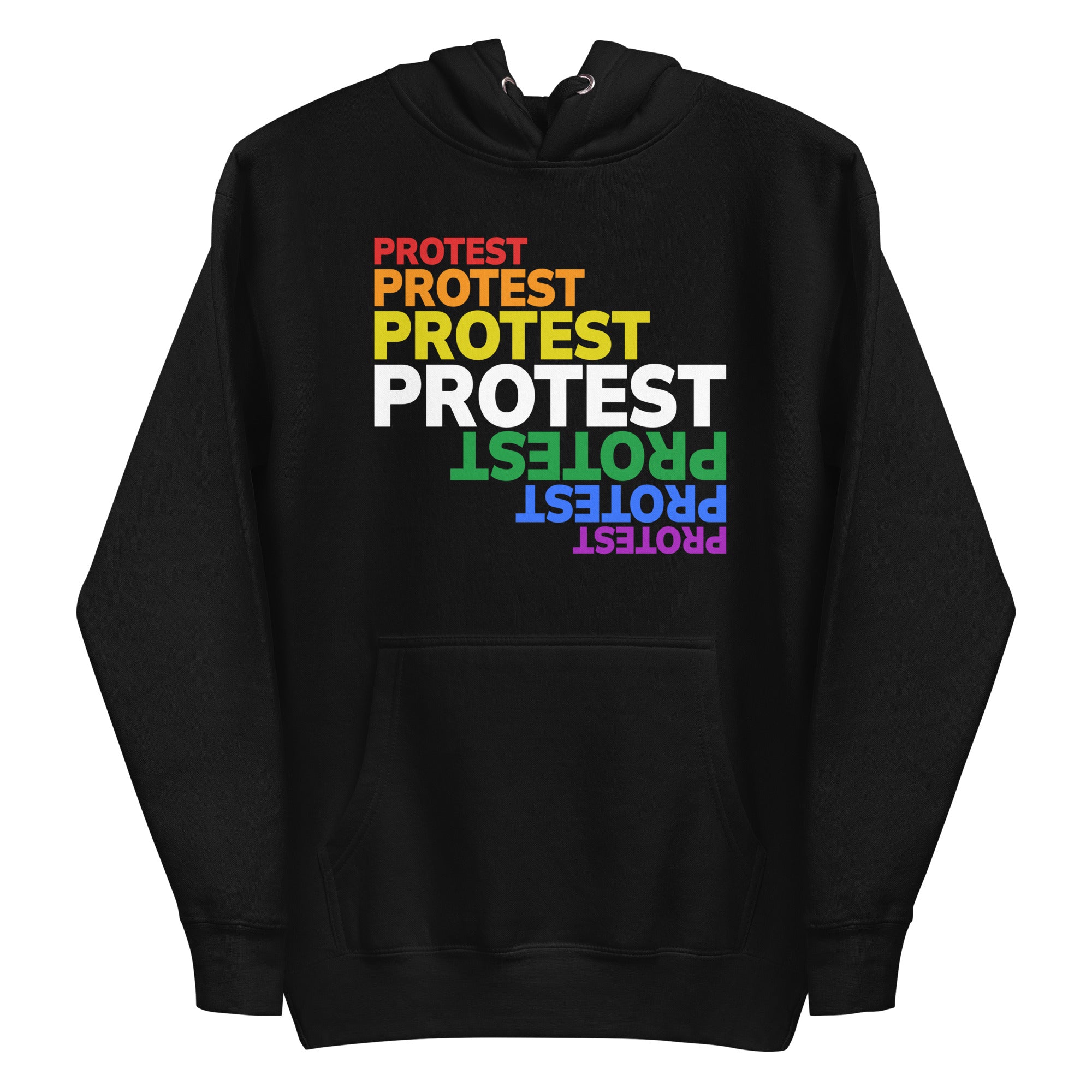 Introducing the Protest Hoodie by Pridelity: a sleek black hoodie featuring the word 