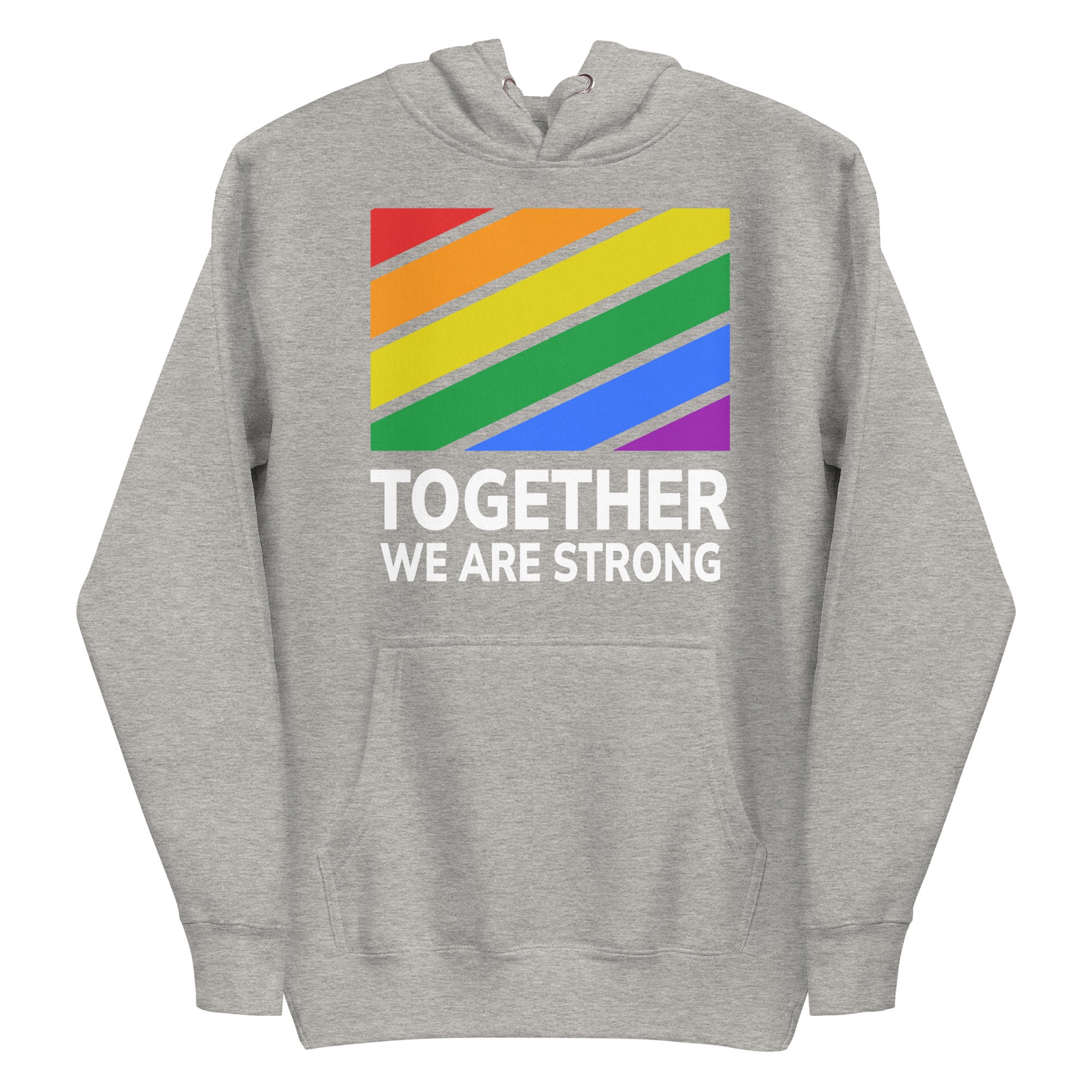 The Together Hoodie by Pridelity features a rainbow-striped rectangular design above the empowering slogan 