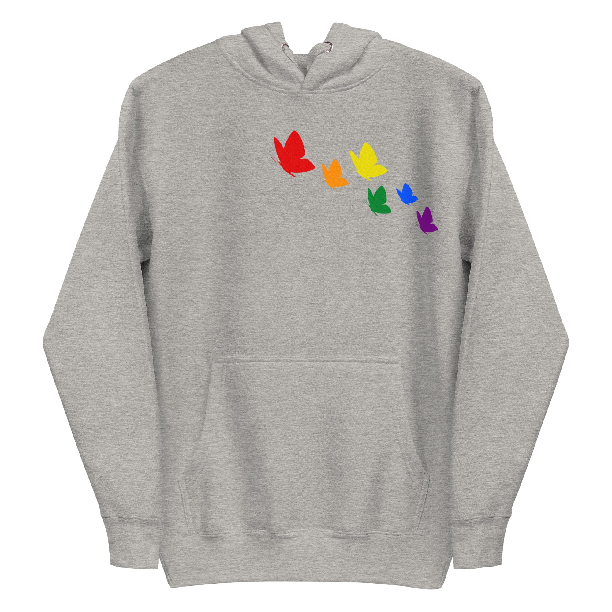 This Butterfly Hoodie from Pridelity's Pride Collection features a striking design of seven butterflies arranged in a diagonal pattern, each reflecting the colors of the rainbow: red, orange, yellow, green, light blue, dark blue, and purple.