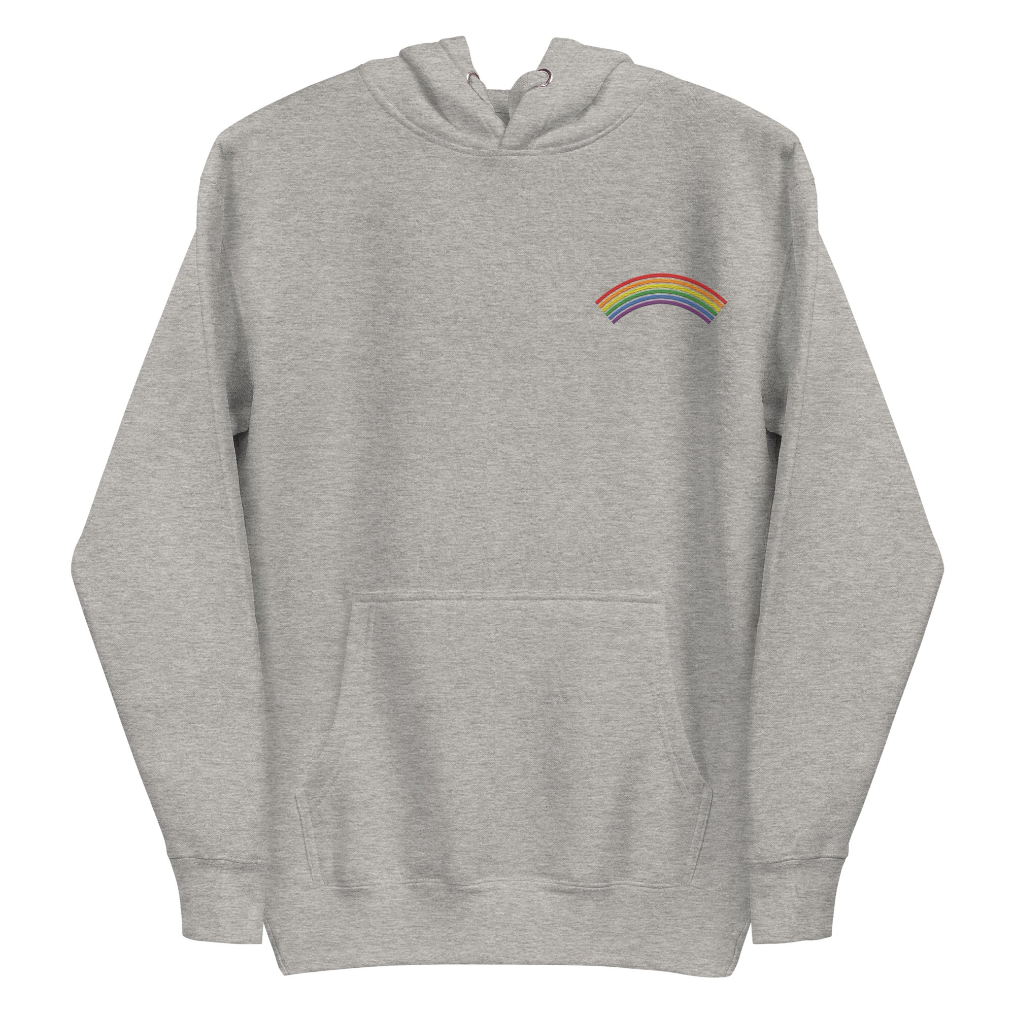 Introducing Pridelity's Rainbow Hoodie, a standout piece from the pride collection. This white hoodie showcases a subtle rainbow design on the upper left chest. It features a front pocket and drawstrings at the hood, perfectly capturing a minimalist style while honoring LGBTQ+ pride.