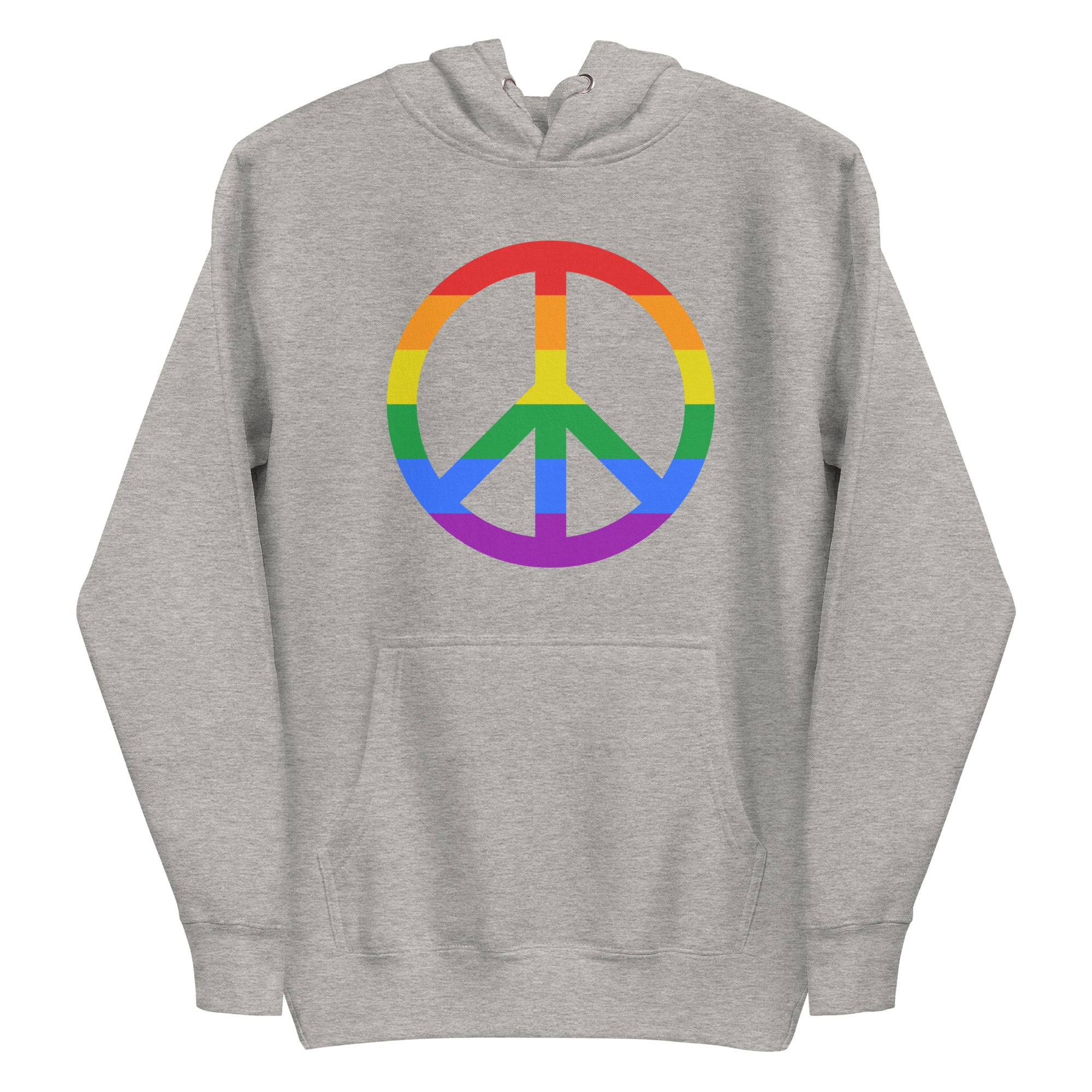 The Peace Hoodie by Pridelity showcases a rainbow peace symbol on the front of a black hoodie, set against a plain white background, making it an ideal addition to your pride shirt collection.