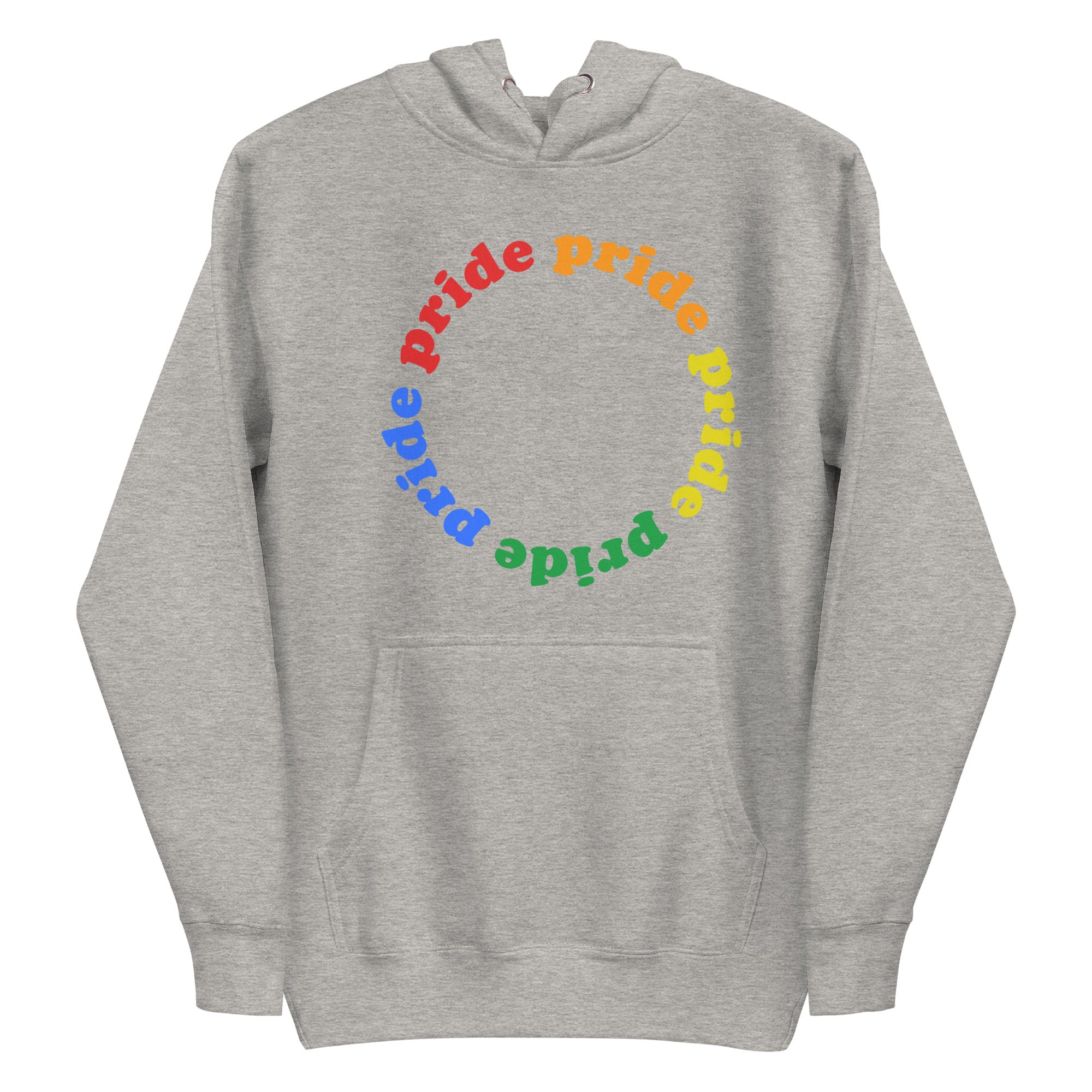 Introducing the Pride Circle Hoodie by Pridelity, a stylish white hoodie that celebrates pride with a captivating circular design featuring the word 