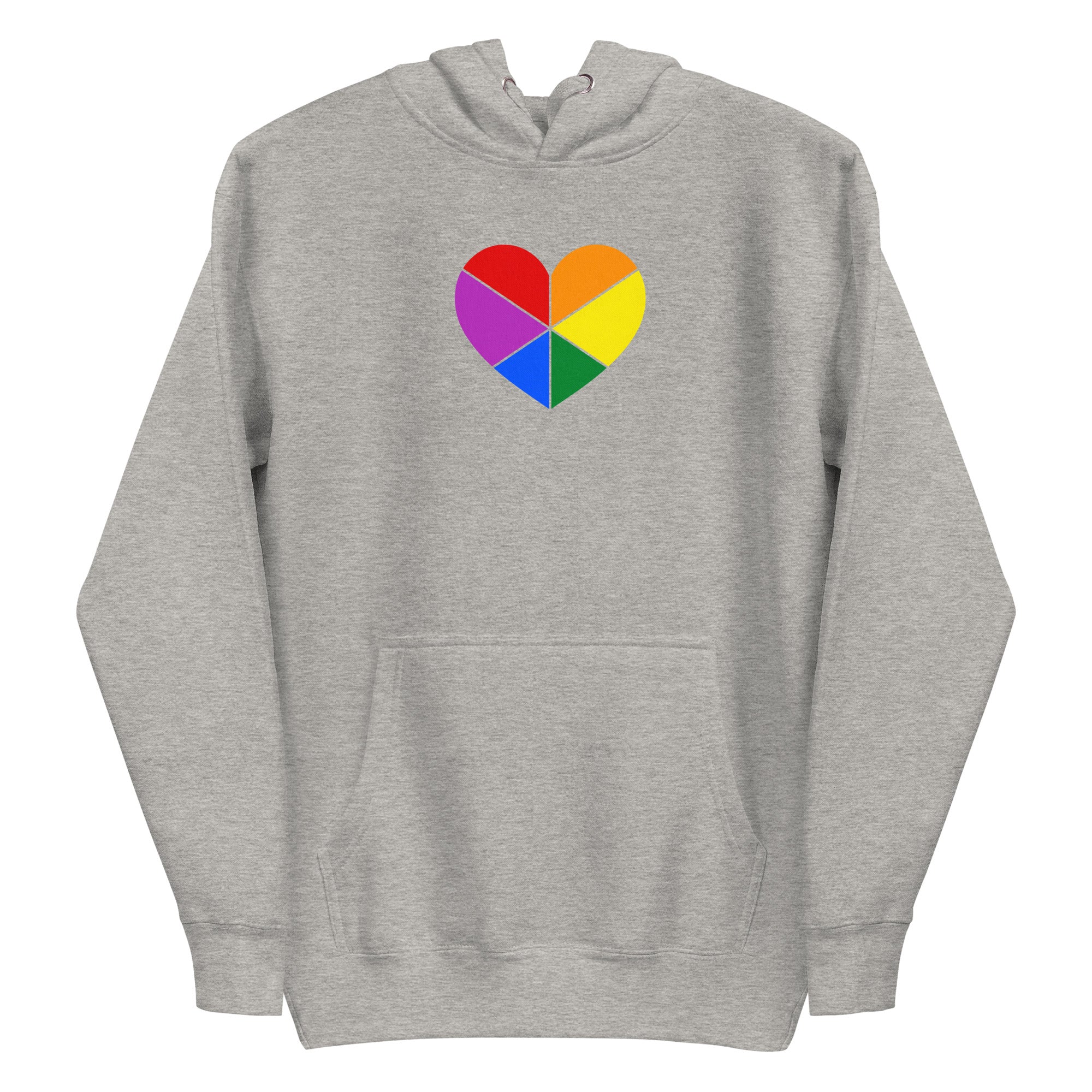 The Pride Heart Hoodie from Pridelity is a white hoodie adorned with a multicolored heart emblem at its center, inspired by pride shirts. Each segment of the heart reveals a different color, creating a vibrant rainbow pattern. It also includes a convenient front pocket and an adjustable hood with drawstrings for added comfort.