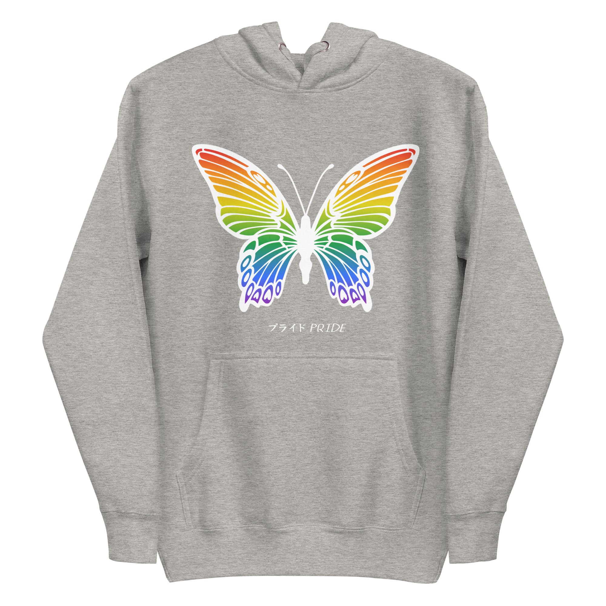 Explore the Butterfly Pride Hoodie from Pridelity, a standout piece from our Pride Collection. This purple hoodie features an impressive butterfly with vibrant rainbow wings. The design is beautifully complemented by the word 