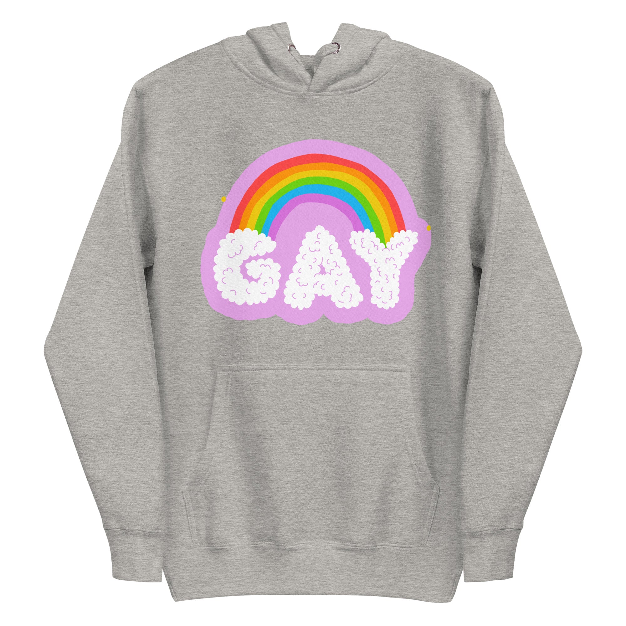 The Cloud Gay Hoodie from Pridelity's Pride Merch collection is a white hoodie showcasing a vibrant rainbow over the word 