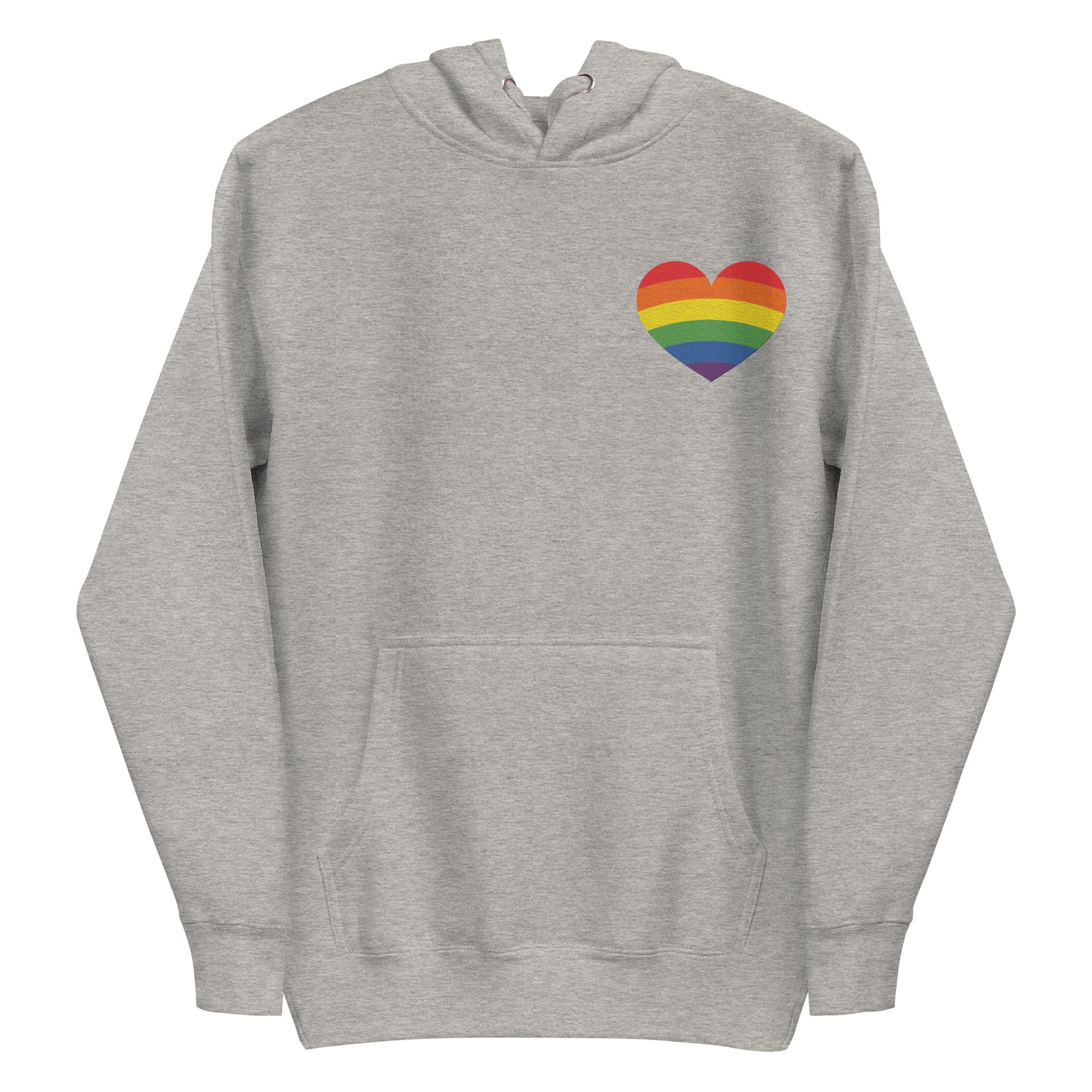 The Rainbow Heart Hoodie by Pridelity, in black, showcases a rainbow-striped heart on the left chest to celebrate LGBTQ+ pride.