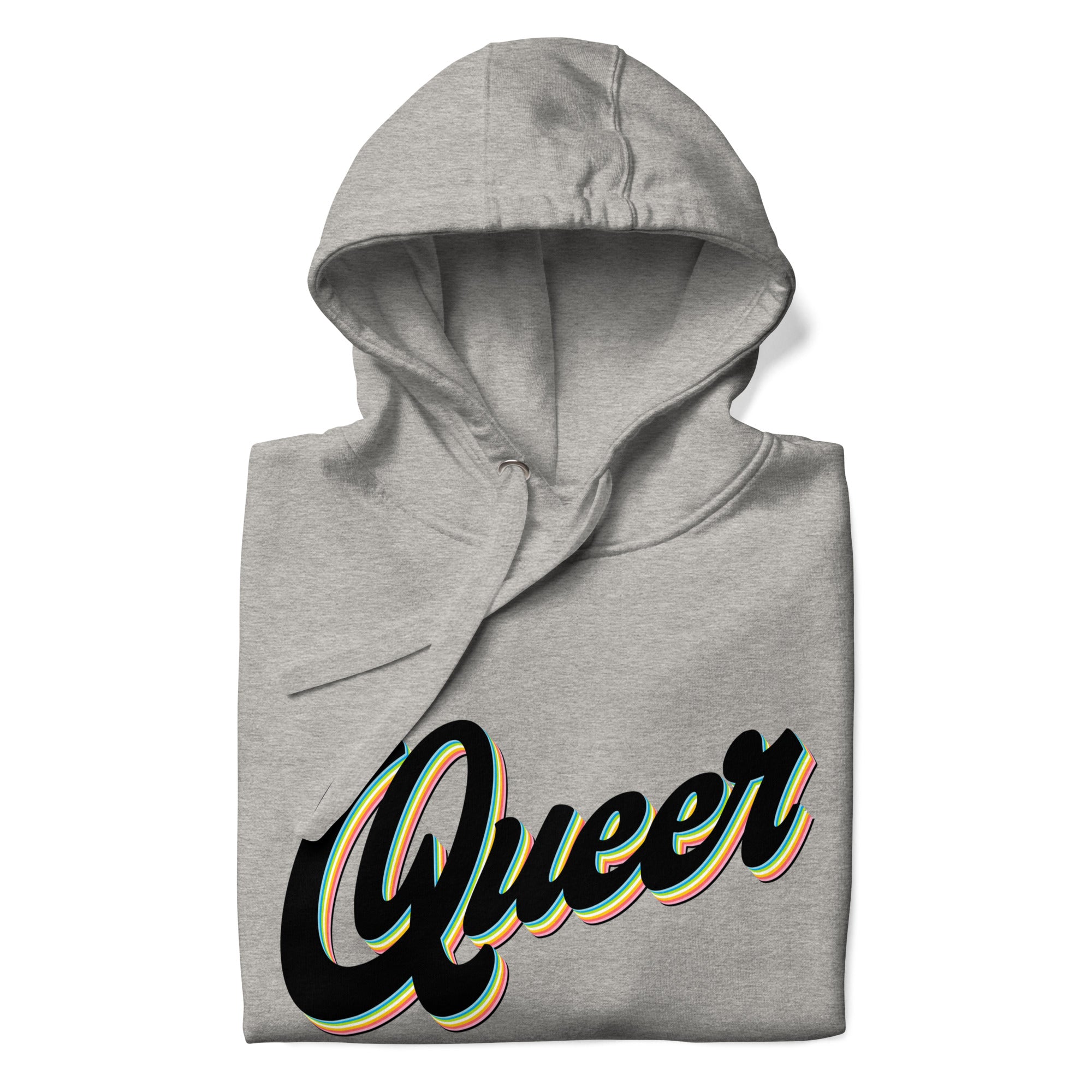 Introducing the Pridelity Queer Hoodie, part of the Pride Collection. This carbon grey hoodie proudly displays 