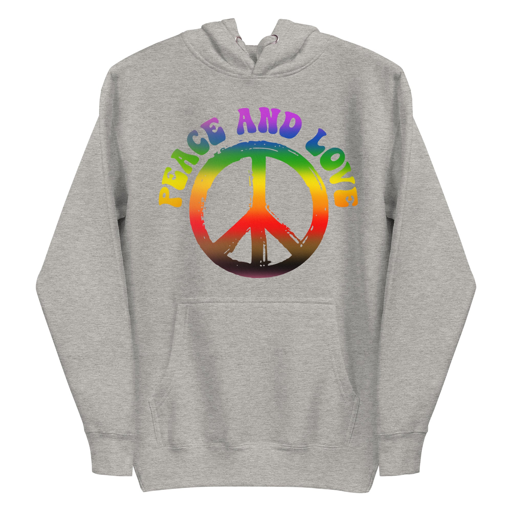 The Peace & Love Hoodie by Pridelity is a white hoodie adorned with a vibrant peace symbol and 