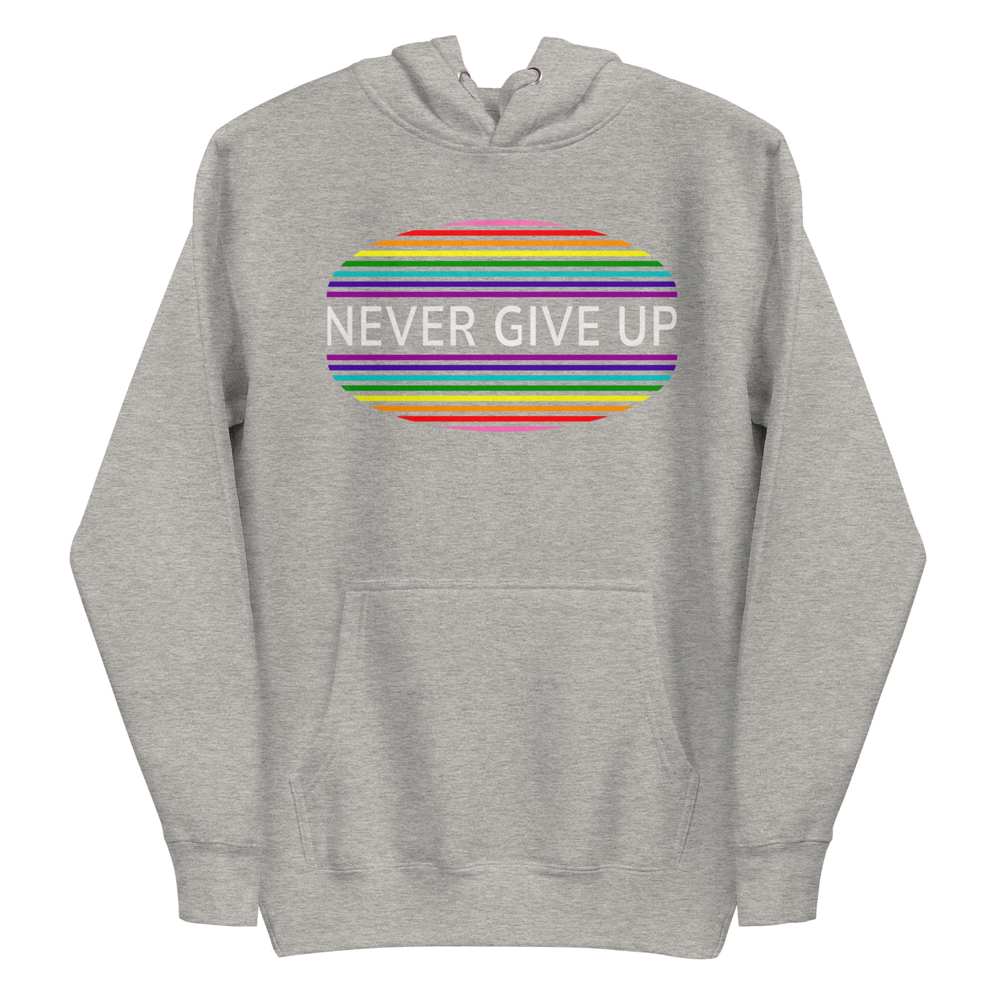 The Never Give Up Hoodie by Pridelity features a black design and showcases the inspiring message 