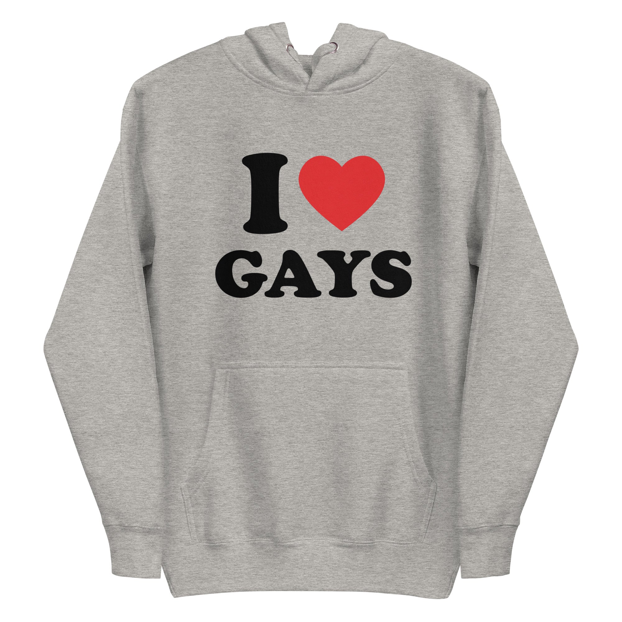 The I Love Gays Hoodie by Pridelity showcases striking black text with 