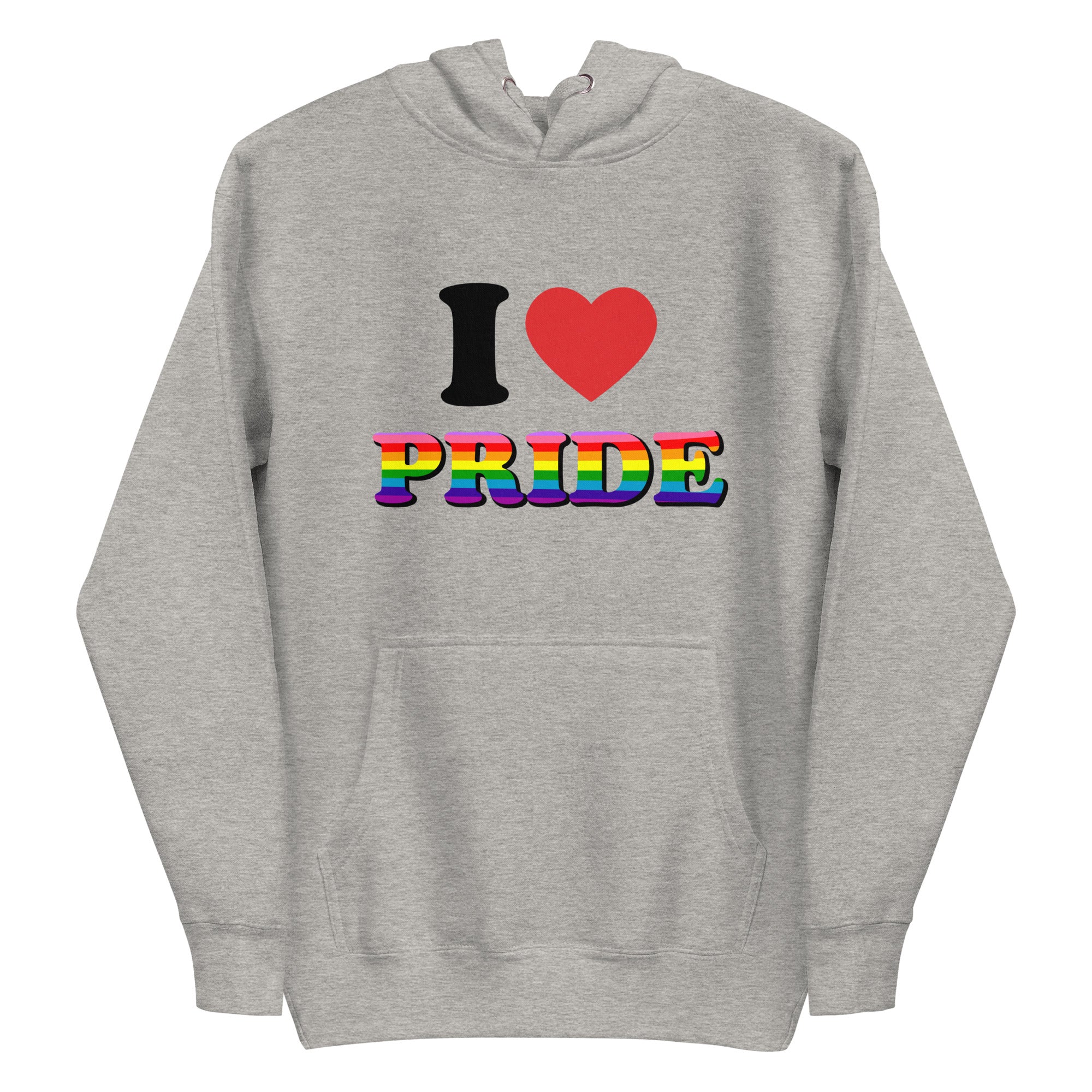 Introducing the I Love Pride Hoodie from Pridelity, a stylish white hoodie showcasing 