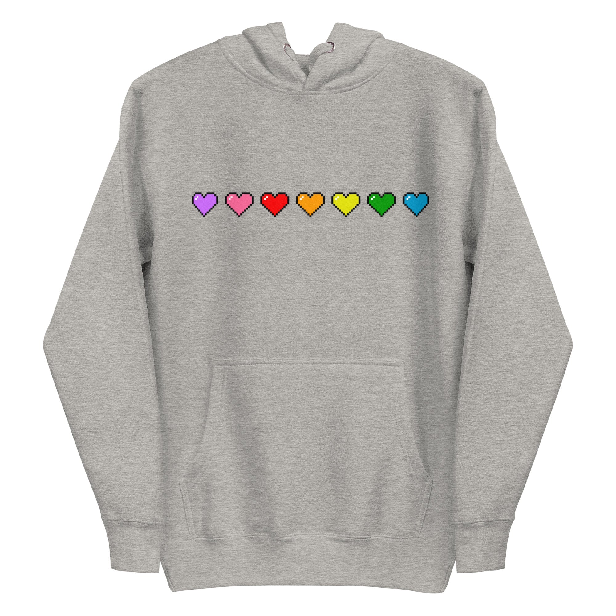 Introducing the Pixel Hearts Hoodie by Pridelity: This white hoodie showcases a row of pixelated hearts in vibrant rainbow colors—purple, pink, red, orange, yellow, green, and blue—across the chest, capturing the lively essence of pride shirts. It is designed with a convenient front pocket and a drawstring hood for added style and comfort.