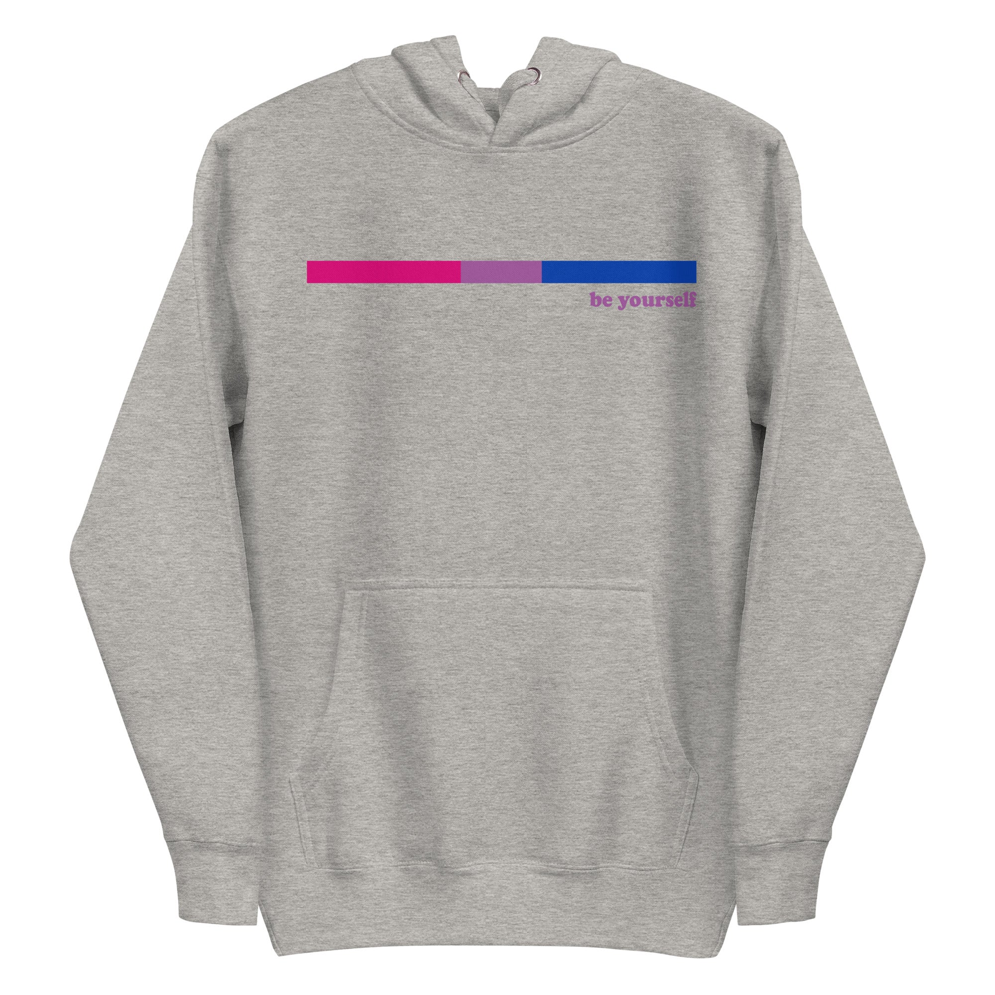 The Bisexual Hoodie by Pridelity features a minimalist design on a black background, showcasing a small horizontal bar in shades of pink, purple, and blue on the chest. Next to the bar, the subtle text 