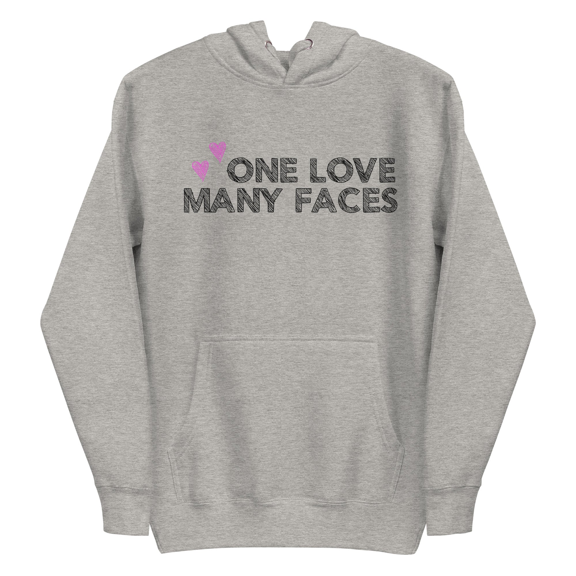 The One Love Hoodie by Pridelity is a folded pink sweatshirt, similar to pride shirts, featuring the bold black phrase 