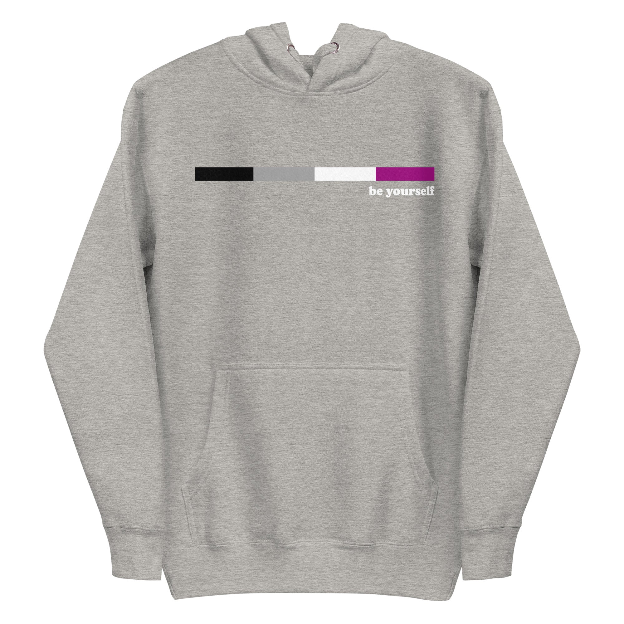 Presenting the Asexual Hoodie by Pridelity: a maroon hoodie adorned with a horizontal bar design in a pride-inspired gradient of black, gray, white, and pink. The phrase 