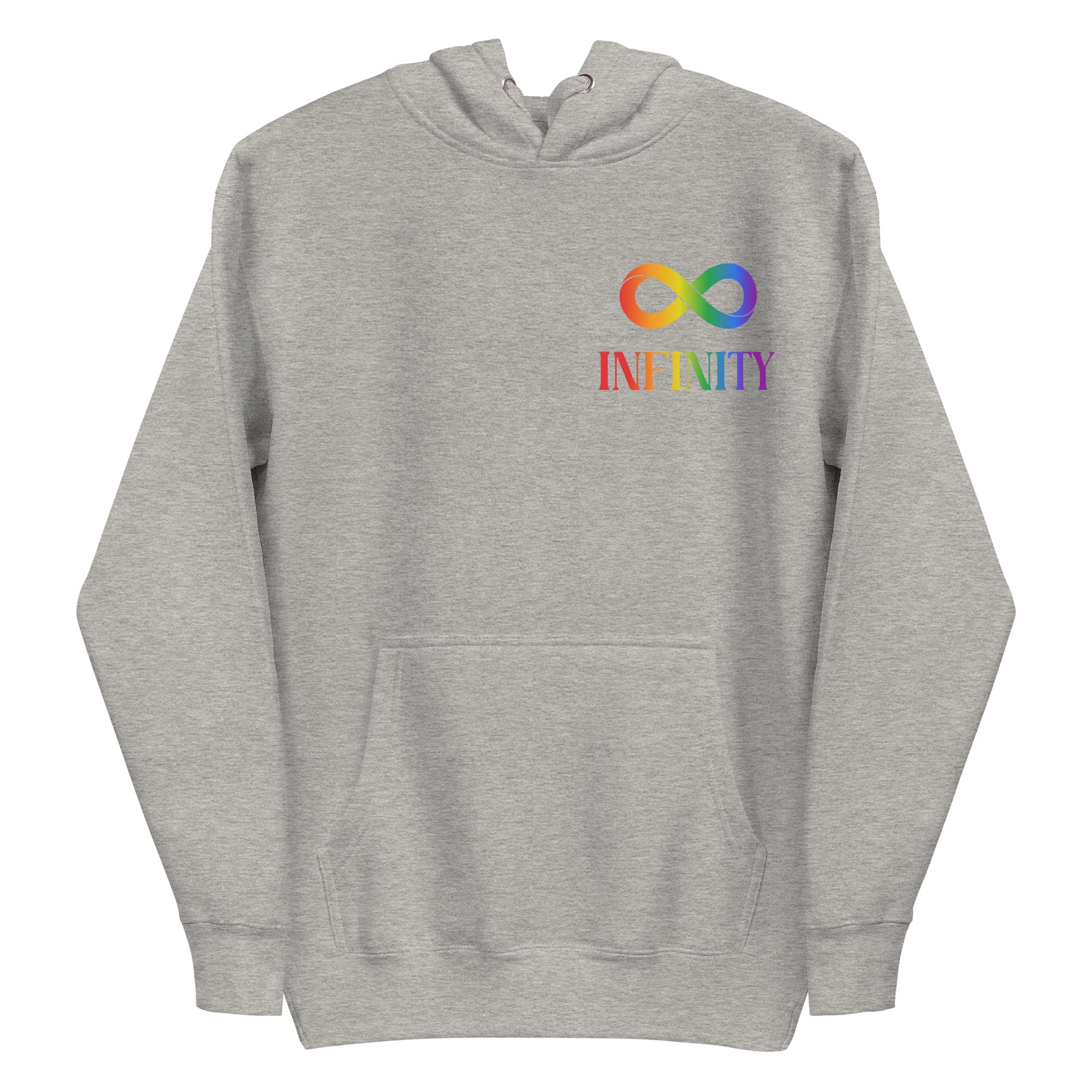 Introducing the Infinity Hoodie by Pridelity, a black hoodie adorned with a vibrant gradient rainbow infinity symbol and the word 