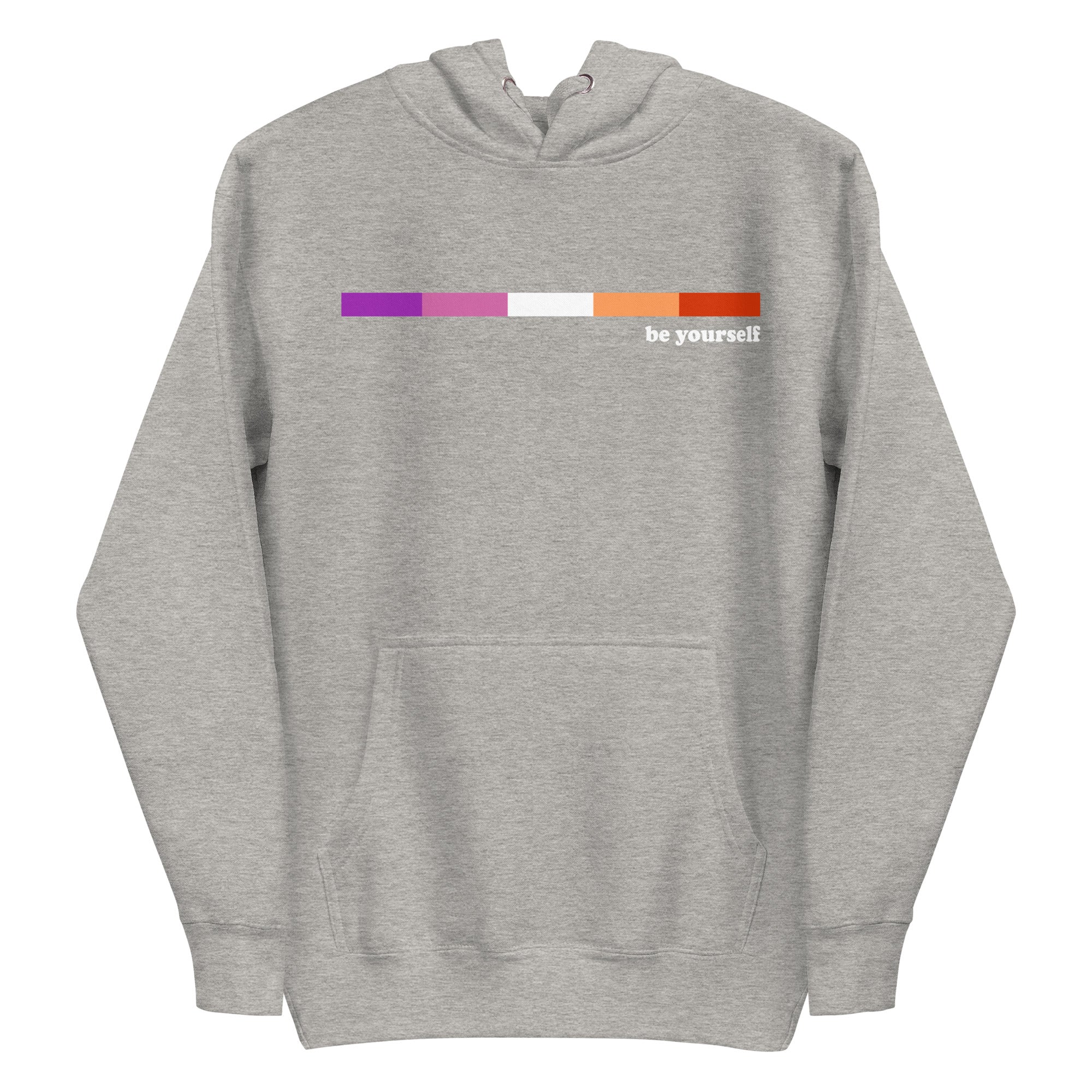 Introducing the Pridelity Lesbian Hoodie: a maroon hoodie with a front pocket, featuring a stunning pride-inspired horizontal gradient from purple to orange. 