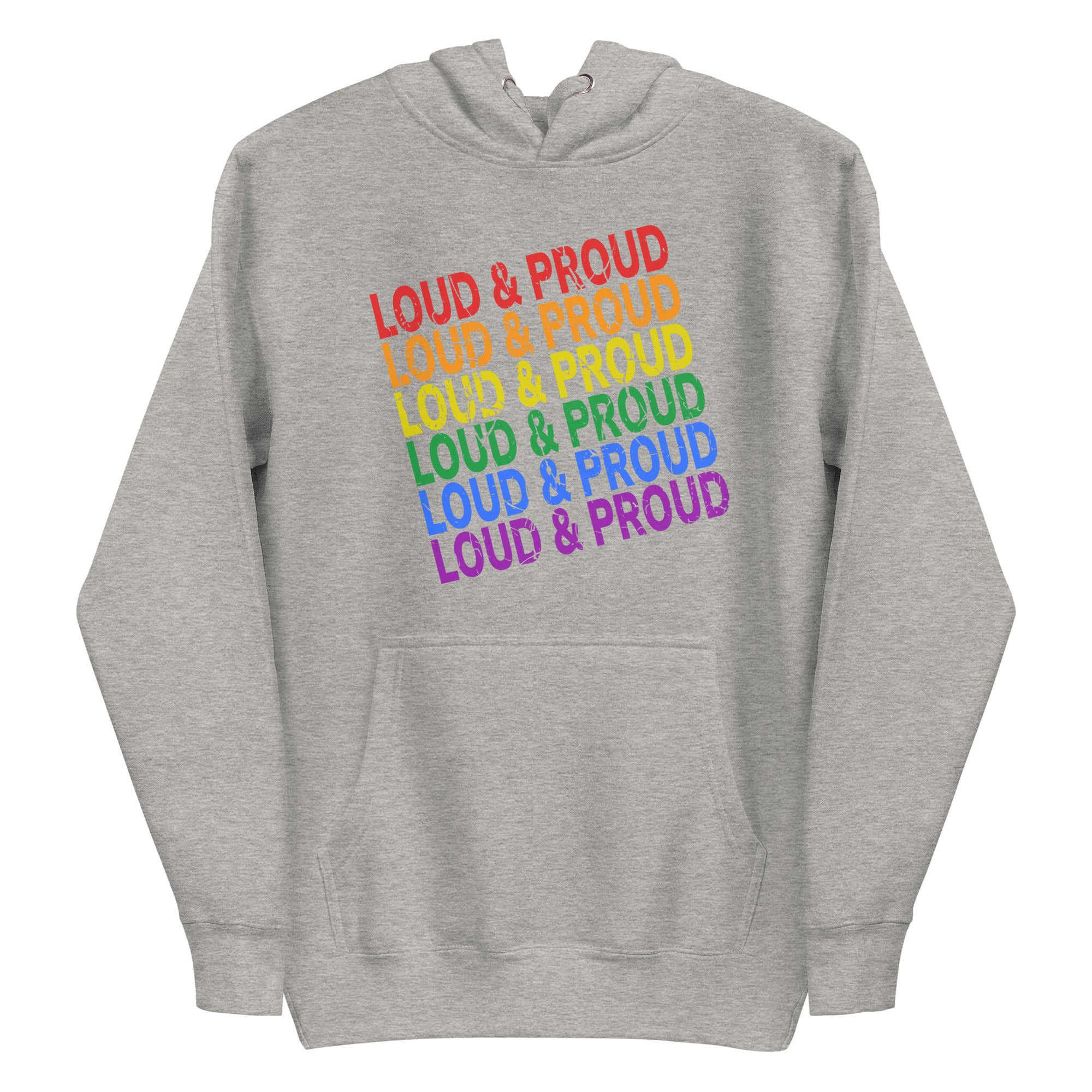 Introducing the Loud & Proud Hoodie by Pridelity: A black hoodie featuring the phrase 