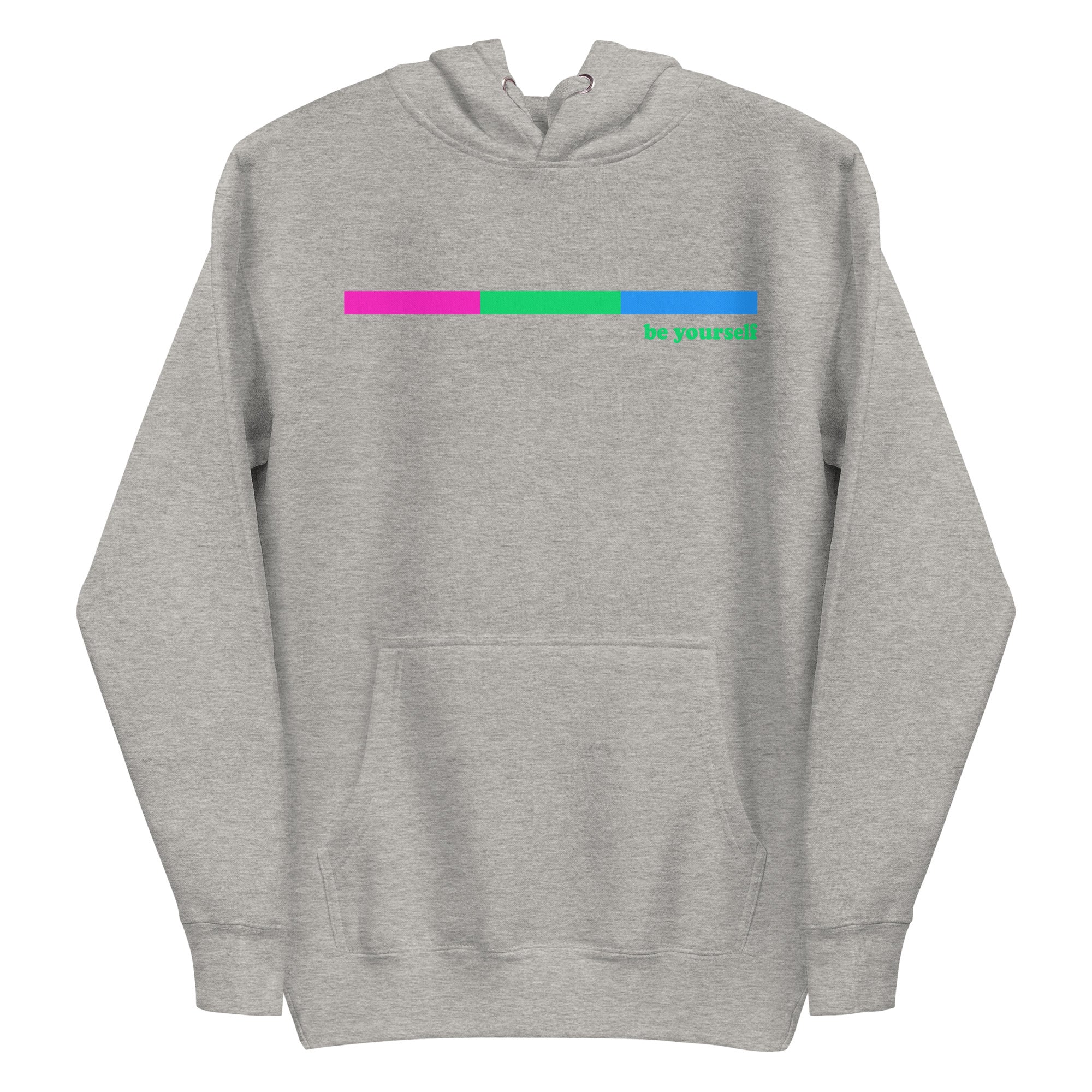 Introducing the Polysexual Hoodie by Pridelity: This black hoodie combines comfort and style with its front pocket and drawstring hood. It features a design inspired by pride shirts, showcasing a horizontal bar shaded pink and green on one side, accompanied by the phrase 