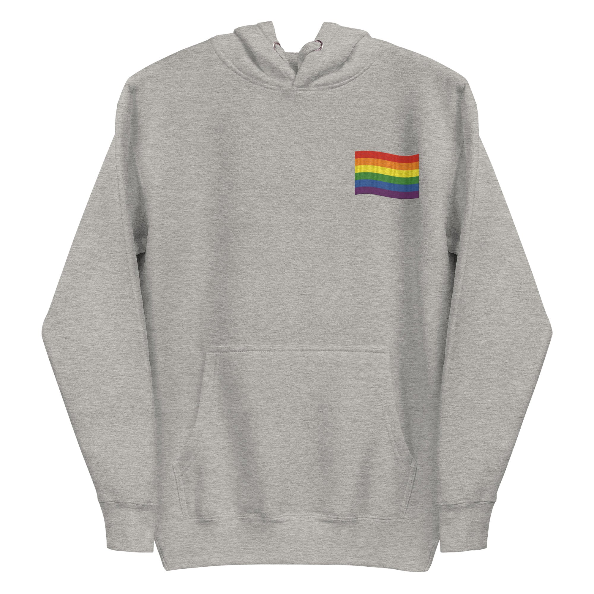 The Pride Flag Hoodie by Pridelity is a stylish white hoodie featuring a small rainbow flag design on the chest, ideal for pairing with pride shirts. It includes a front pocket and drawstring hood, showcasing vibrant horizontal stripes of red, orange, yellow, green, blue, and purple on the rainbow flag.