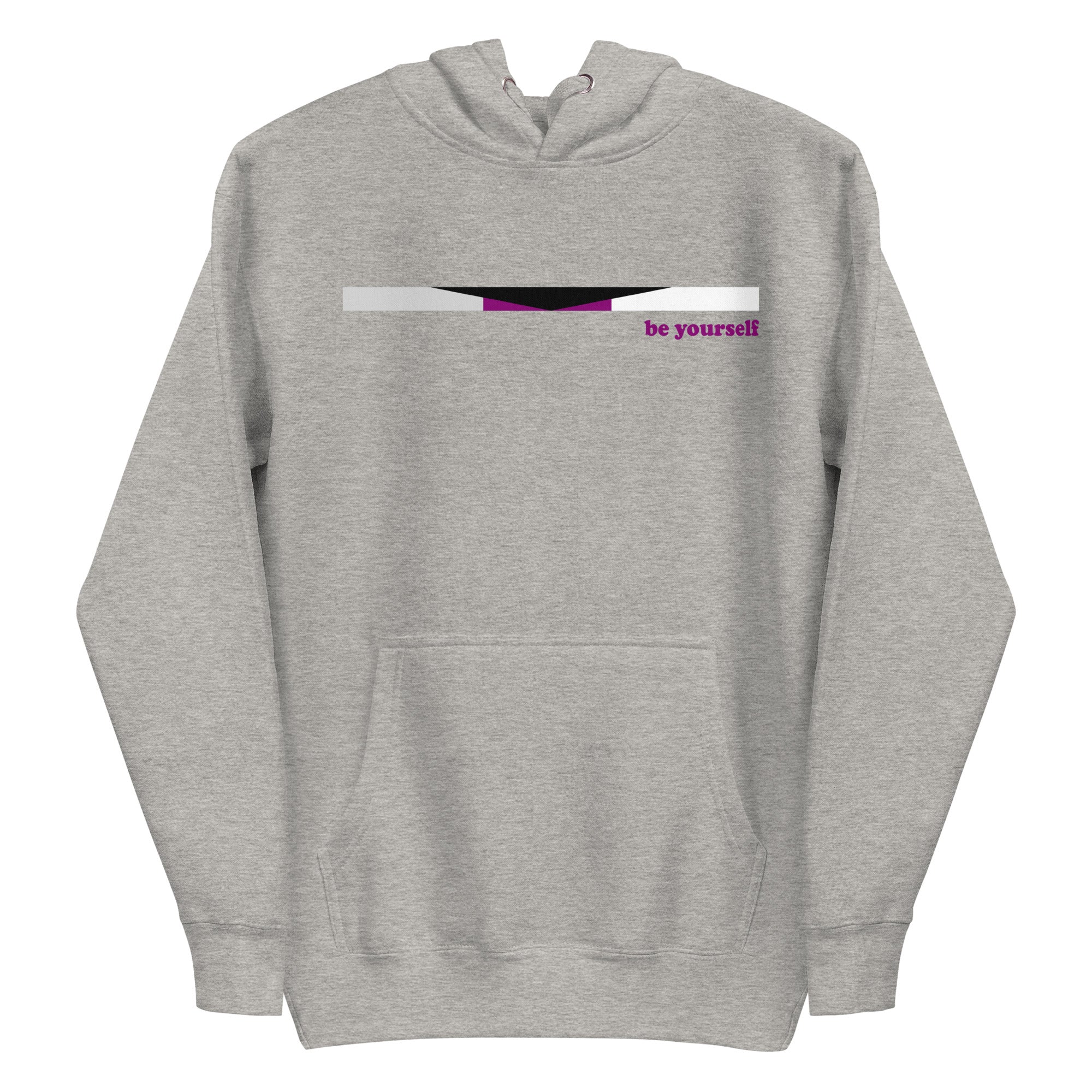 The Demisexual Hoodie by Pridelity is a stylish purple hoodie that highlights a small pride flag design across the chest, featuring black, gray, white, and purple stripes. Bold red text beside the flag reads 